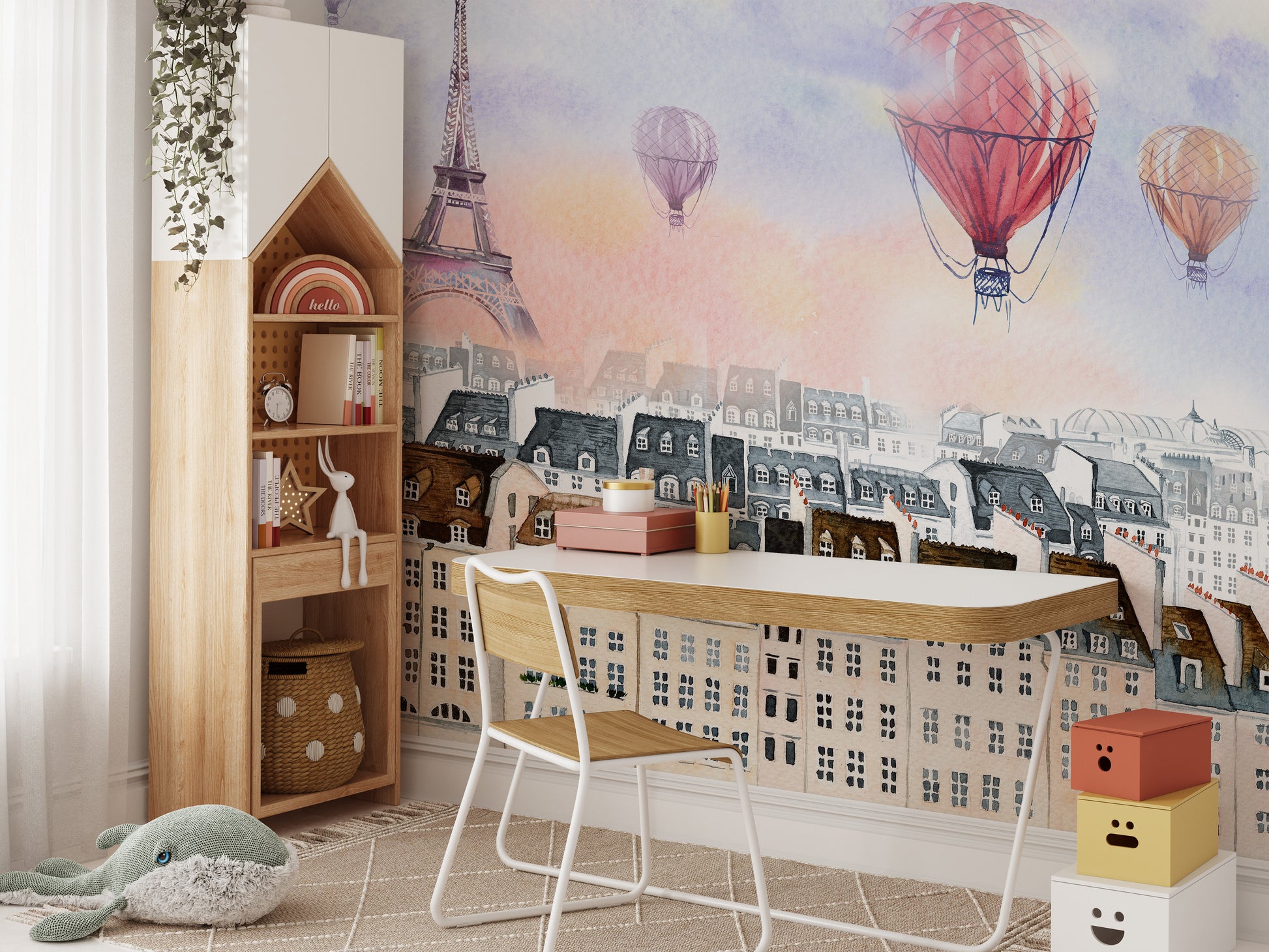 Watercolor mural blending Paris cityscape and whimsical balloons.
