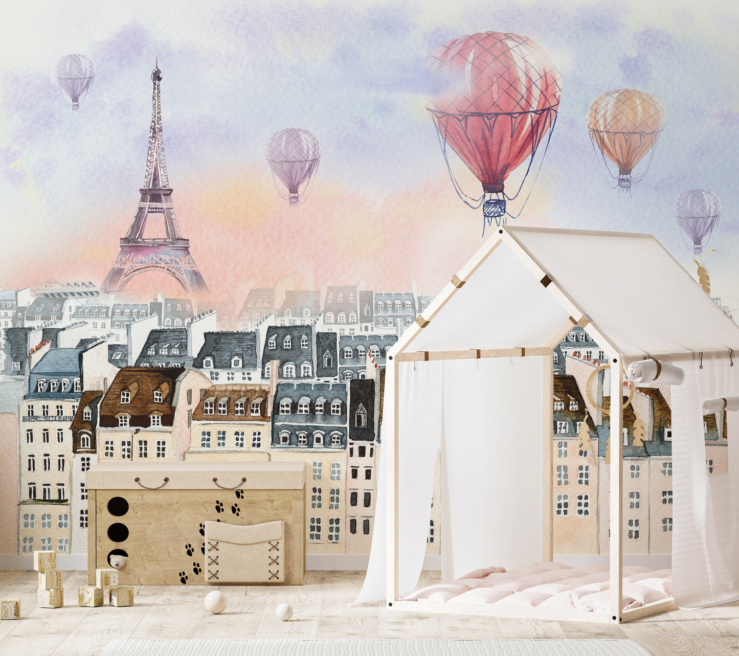 Paris cityscape mural with elegant watercolor and balloon accents.
