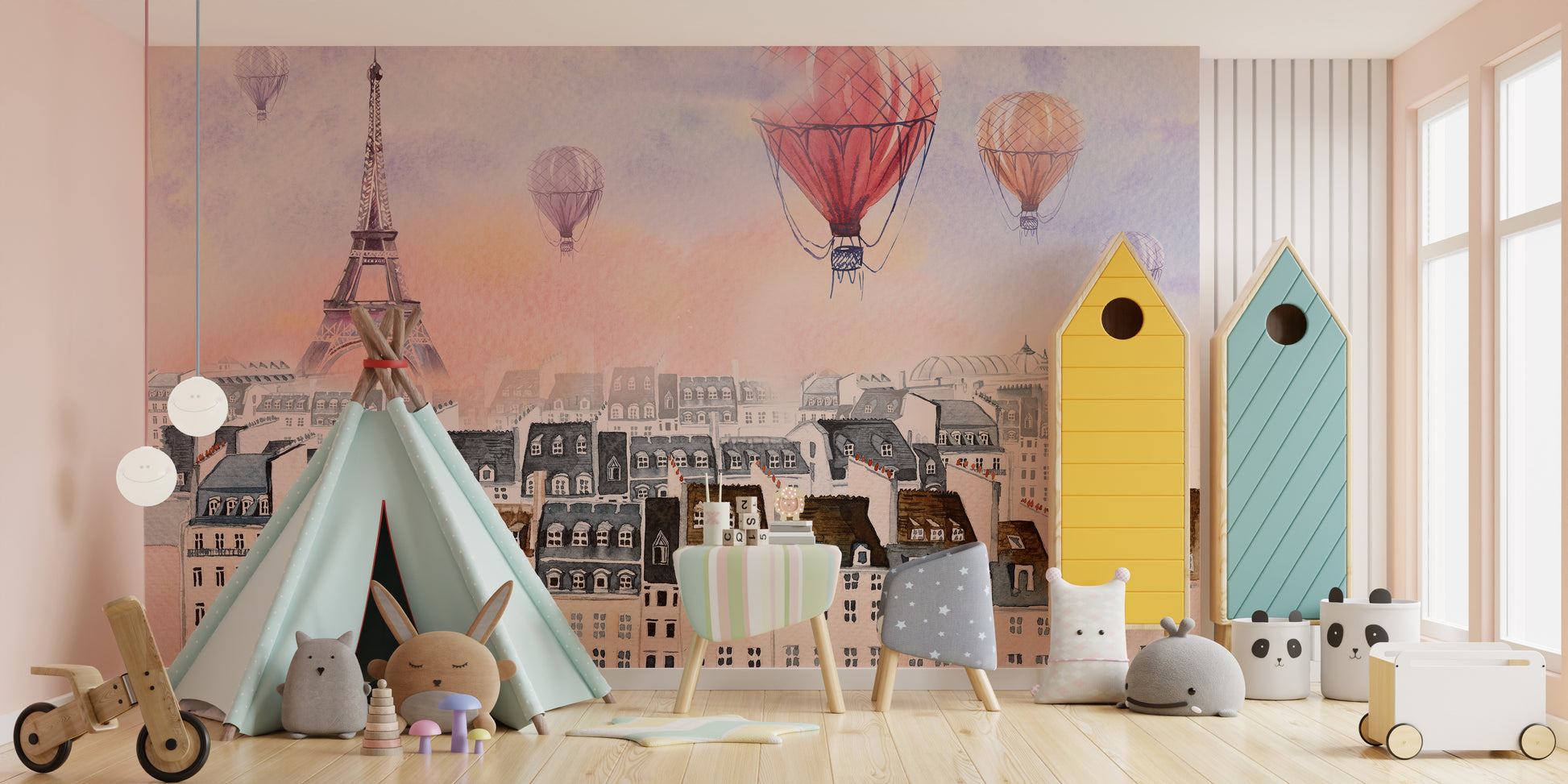 Balloon over Paris mural showcasing a dreamy watercolor skyline.
