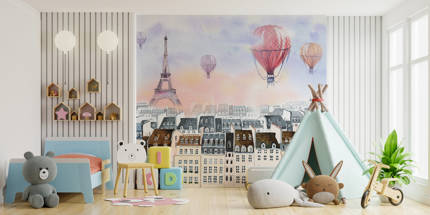 Paris mural with watercolor cityscape and floating balloons.
