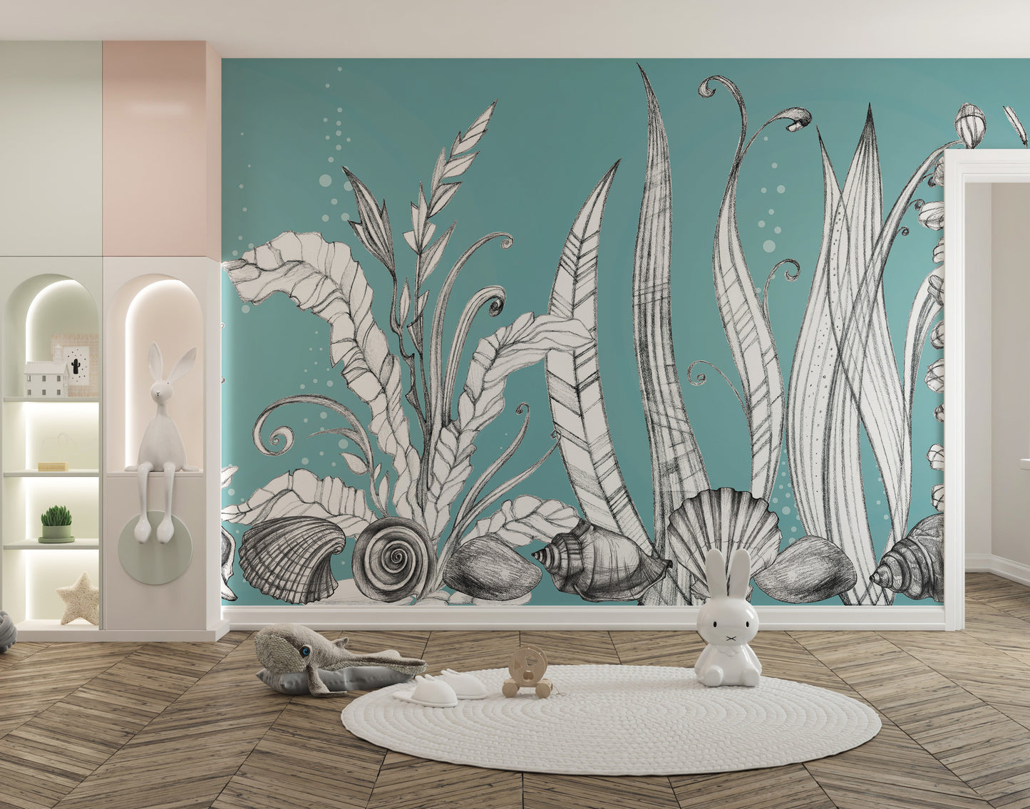 Hand-drawn floral mural featuring an enchanting imaginary garden.
