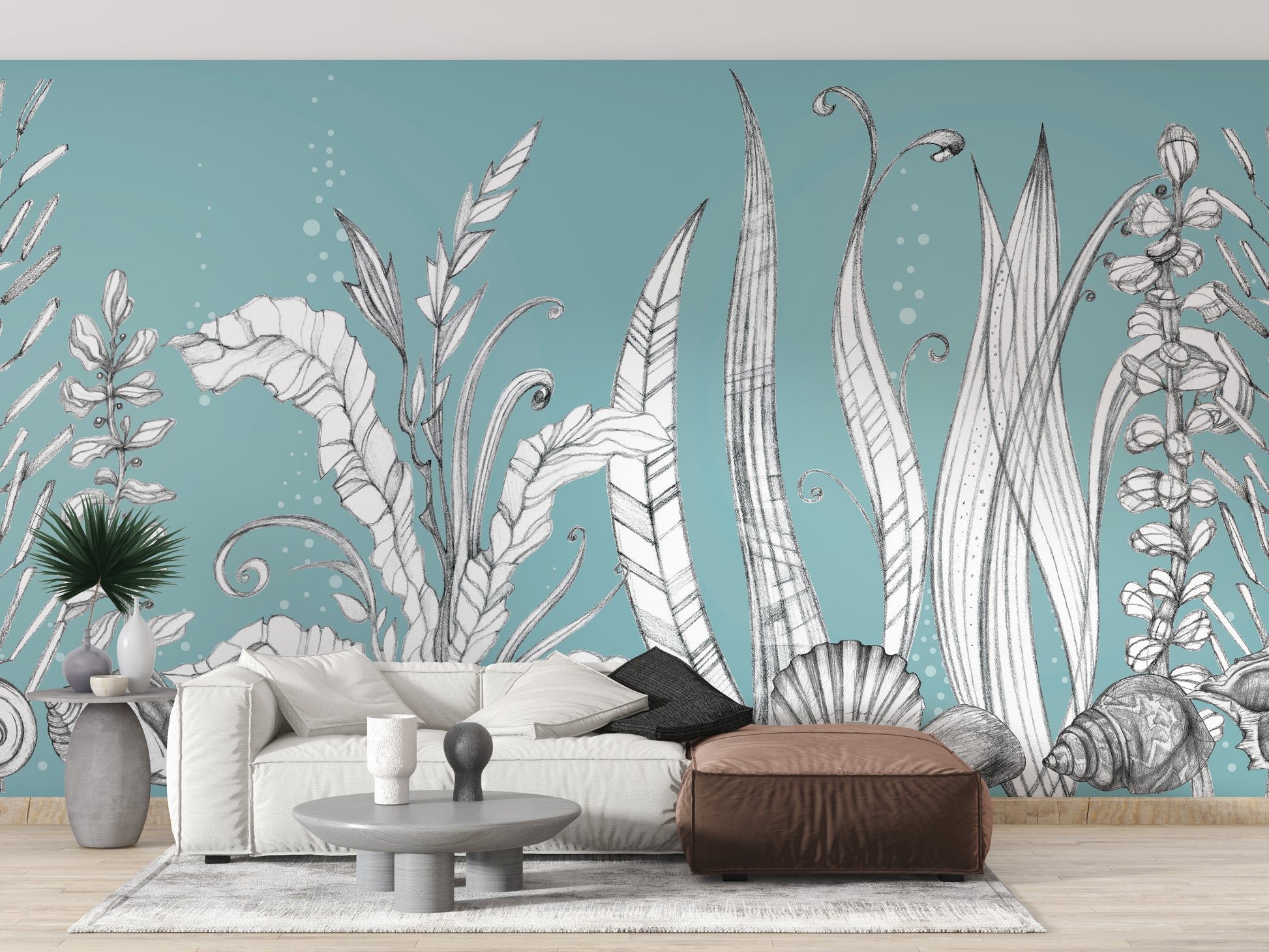 Hand-drawn floral mural with an elegant imaginary garden design.
