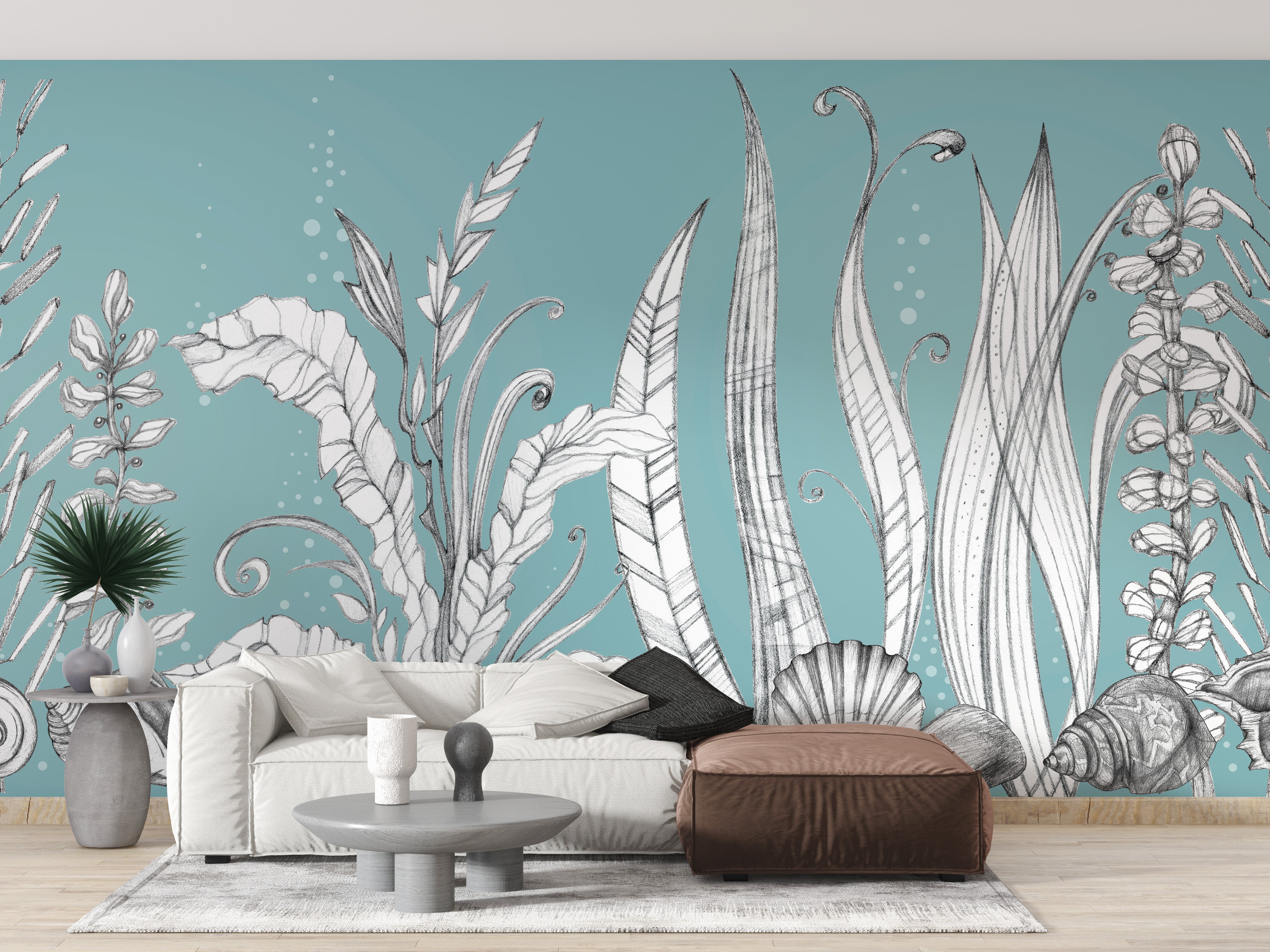 Hand-drawn floral mural with an elegant imaginary garden design.
