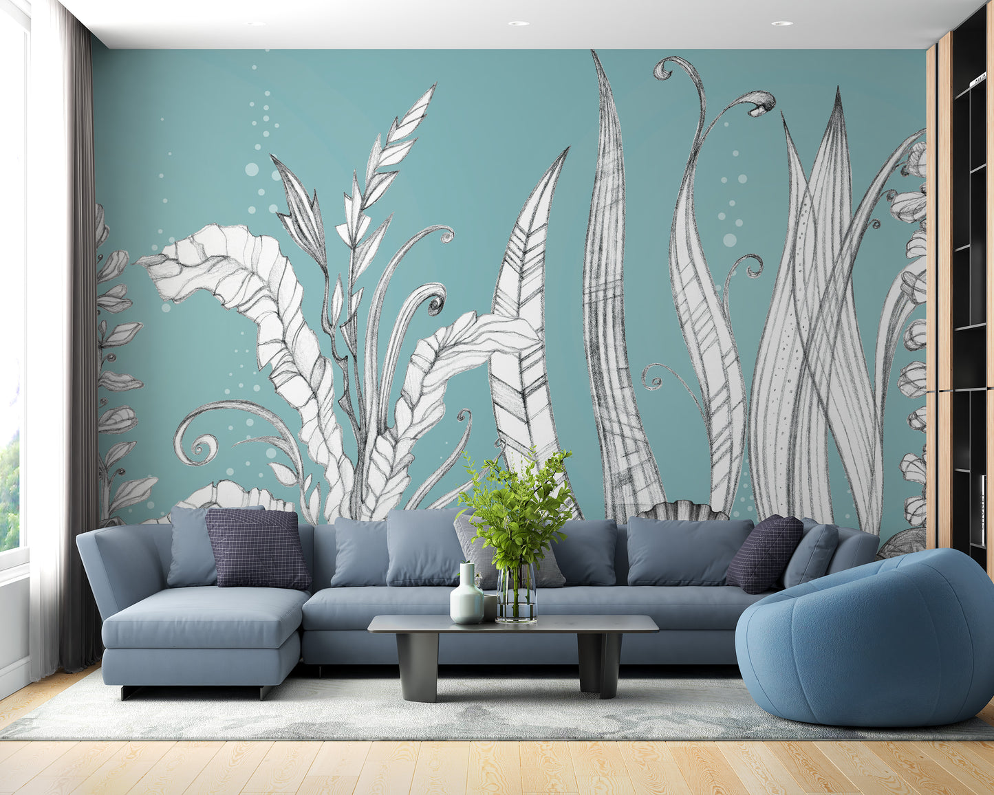 Imaginary garden mural blending hand-drawn artistry and florals.
