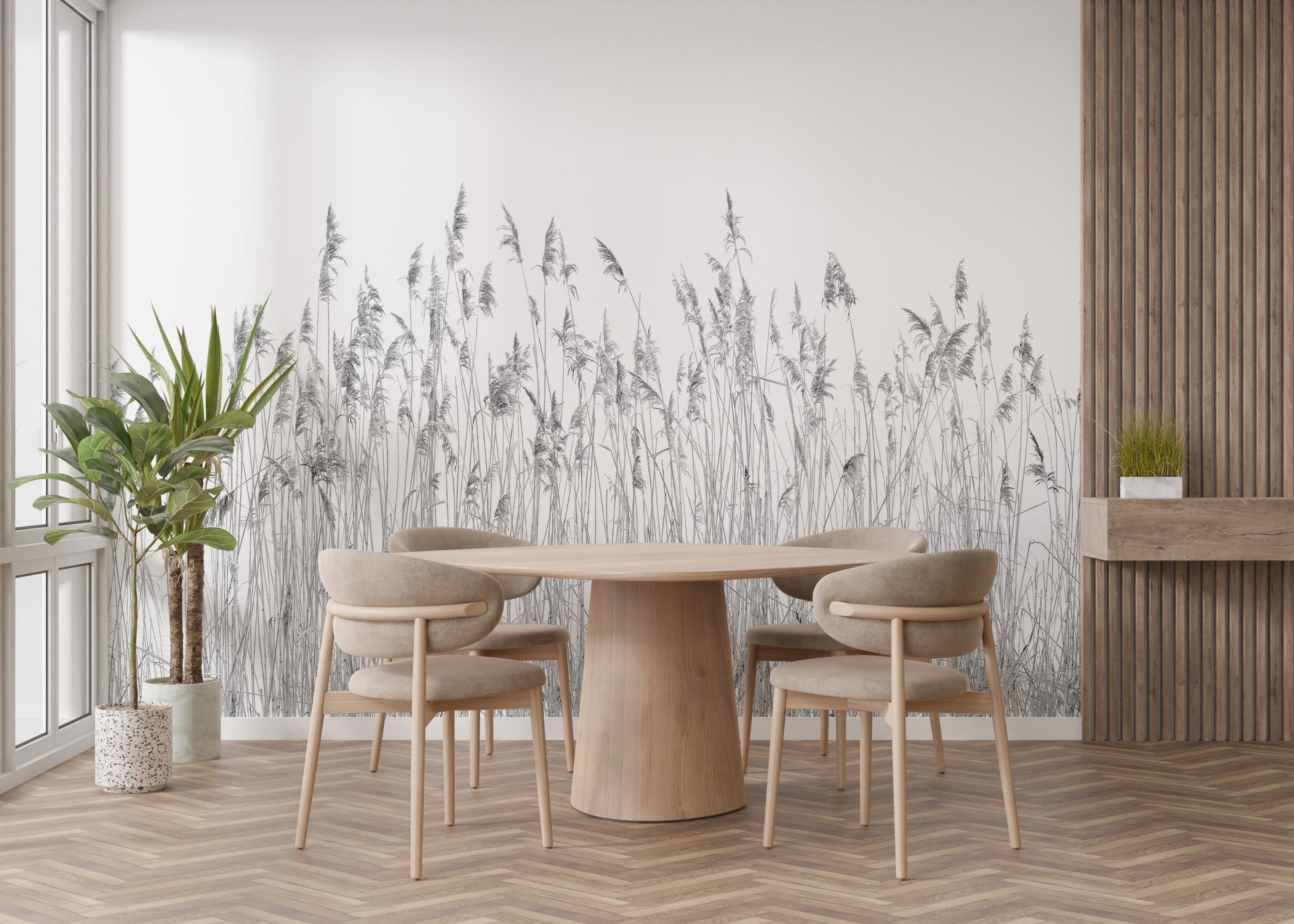 Canebrake wallpaper mural with soft gray tones for modern decor.
