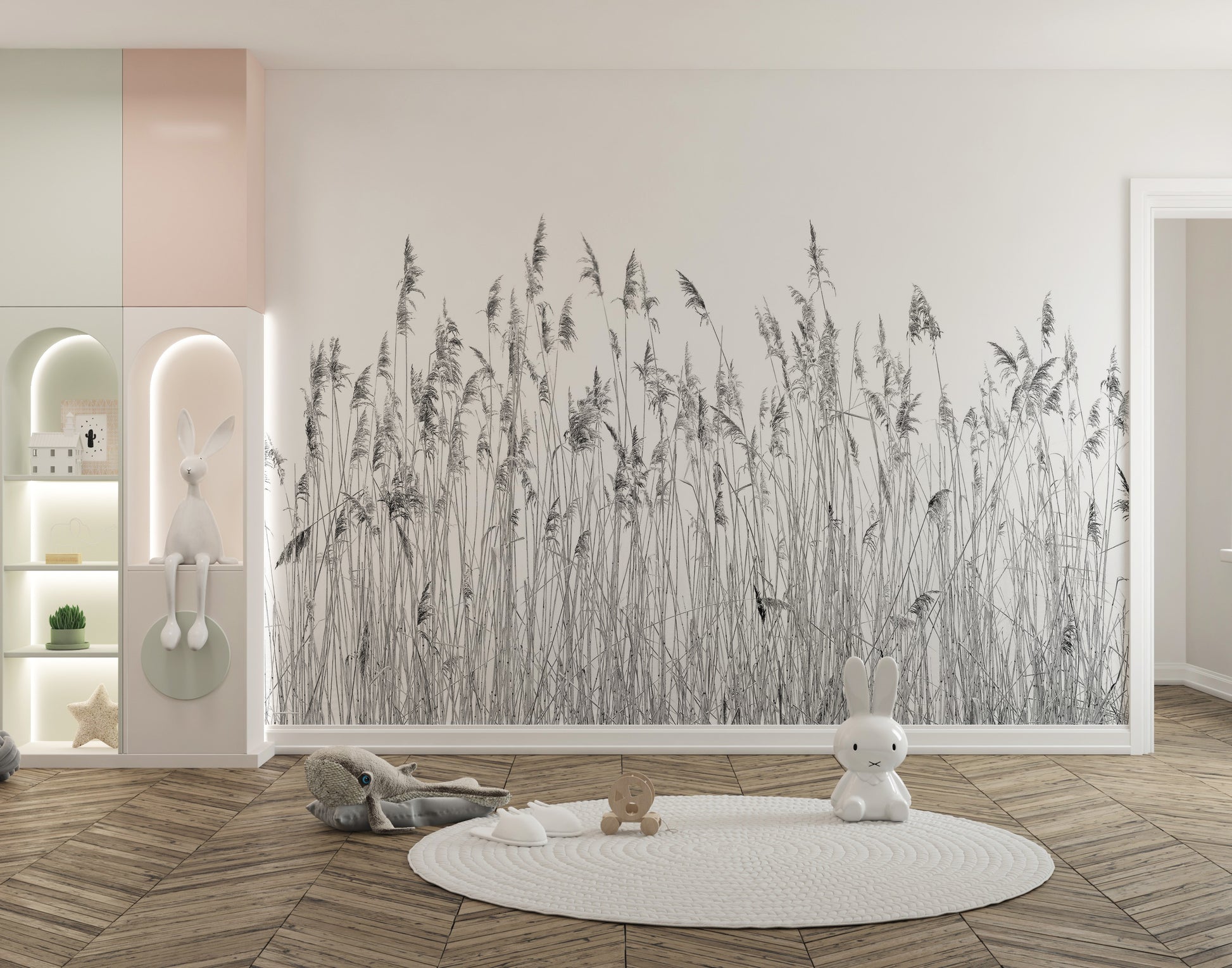 Serene canebrake mural with gray hues for calming wall decor.
