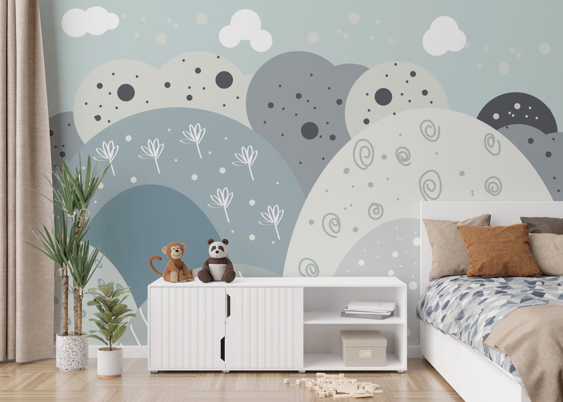 Wall mural showcasing a whimsical and magical mountain landscape.
