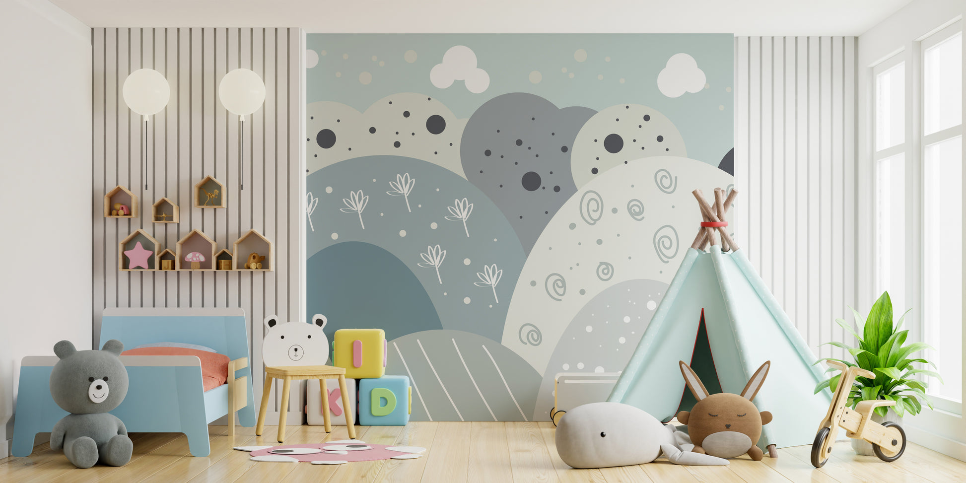 Artistic mural with enchanting mountain scenery for stylish walls.
