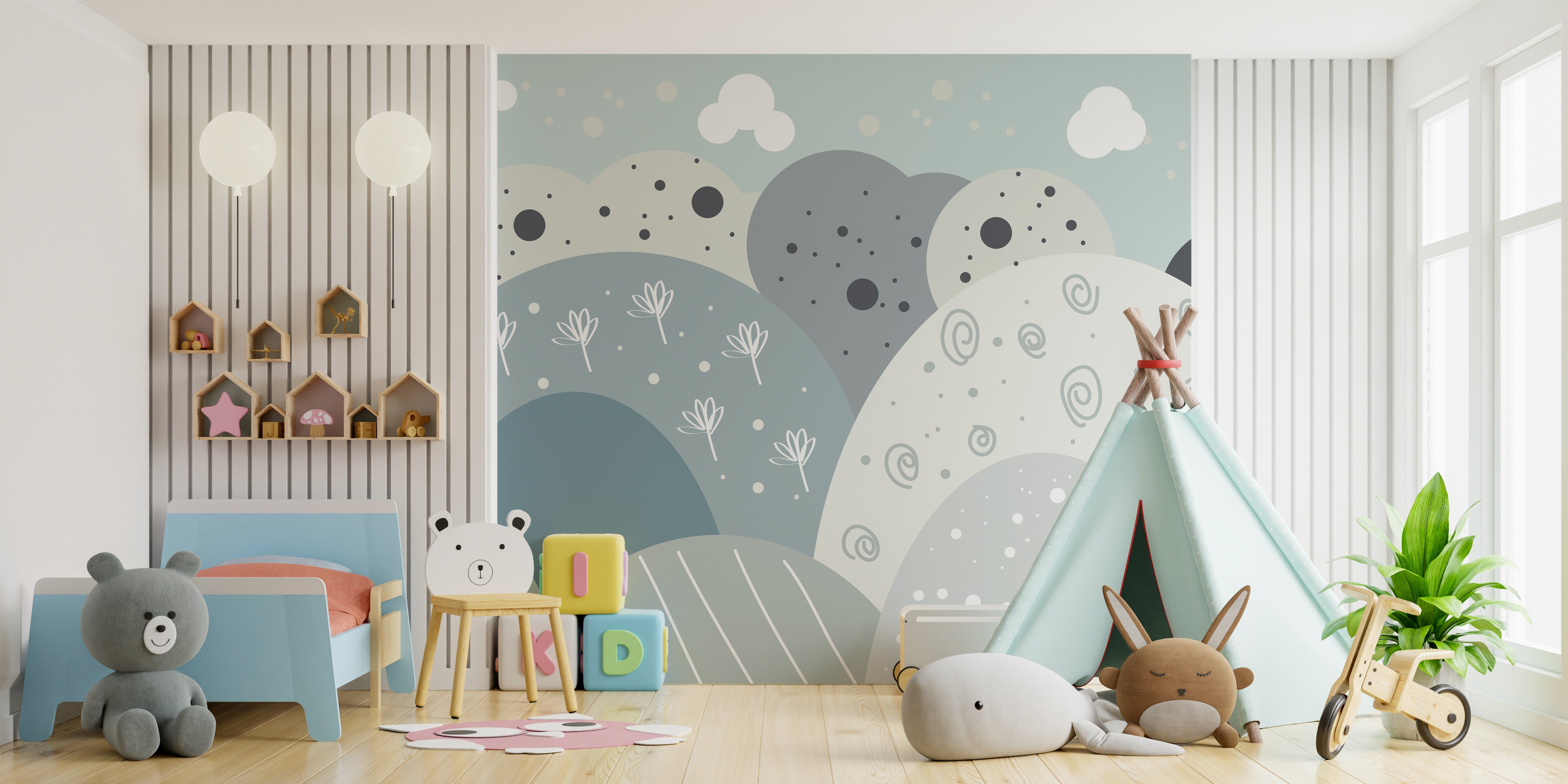 Artistic mural with enchanting mountain scenery for stylish walls.
