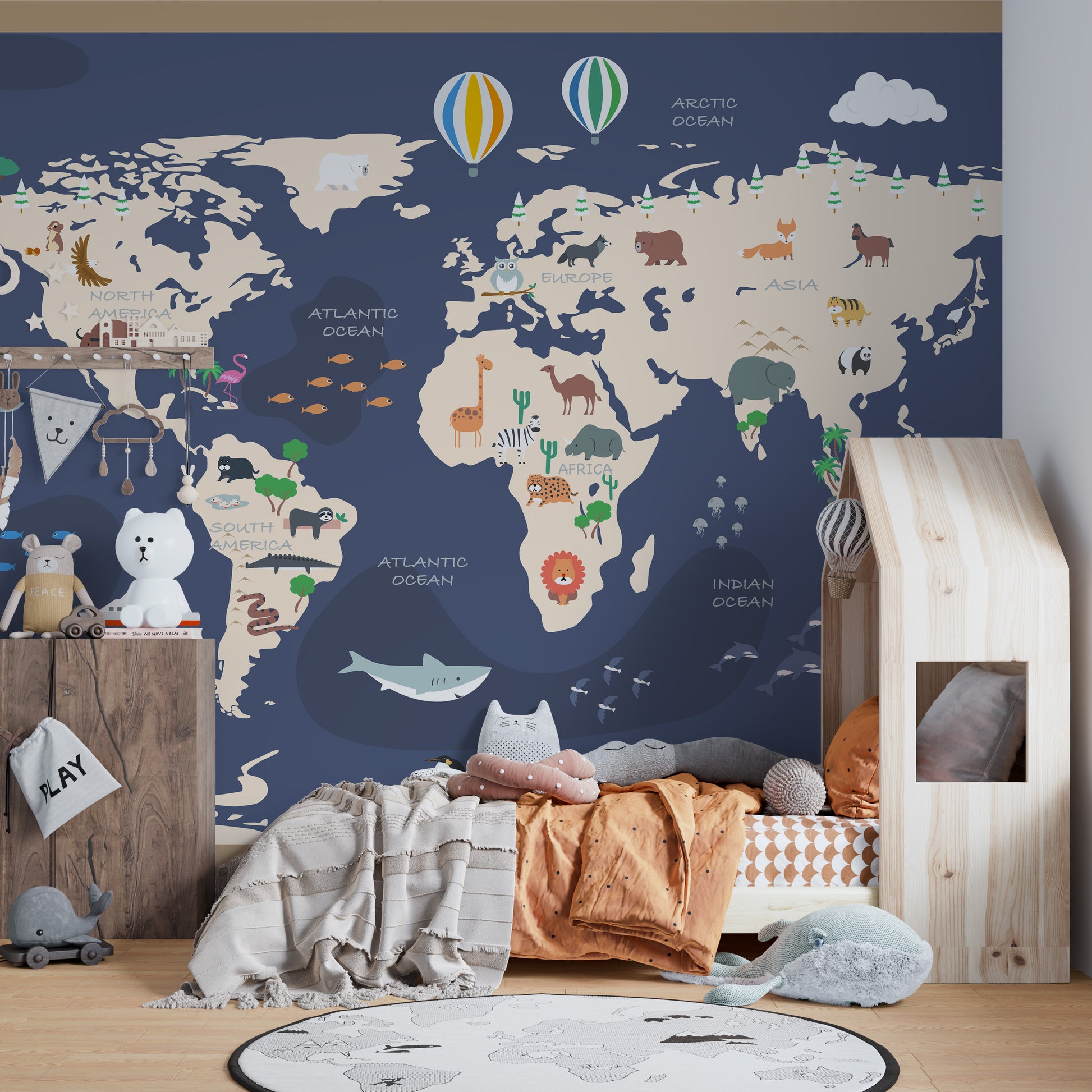 Animated atlas mural with vibrant adventure scenes for kids' decor.
