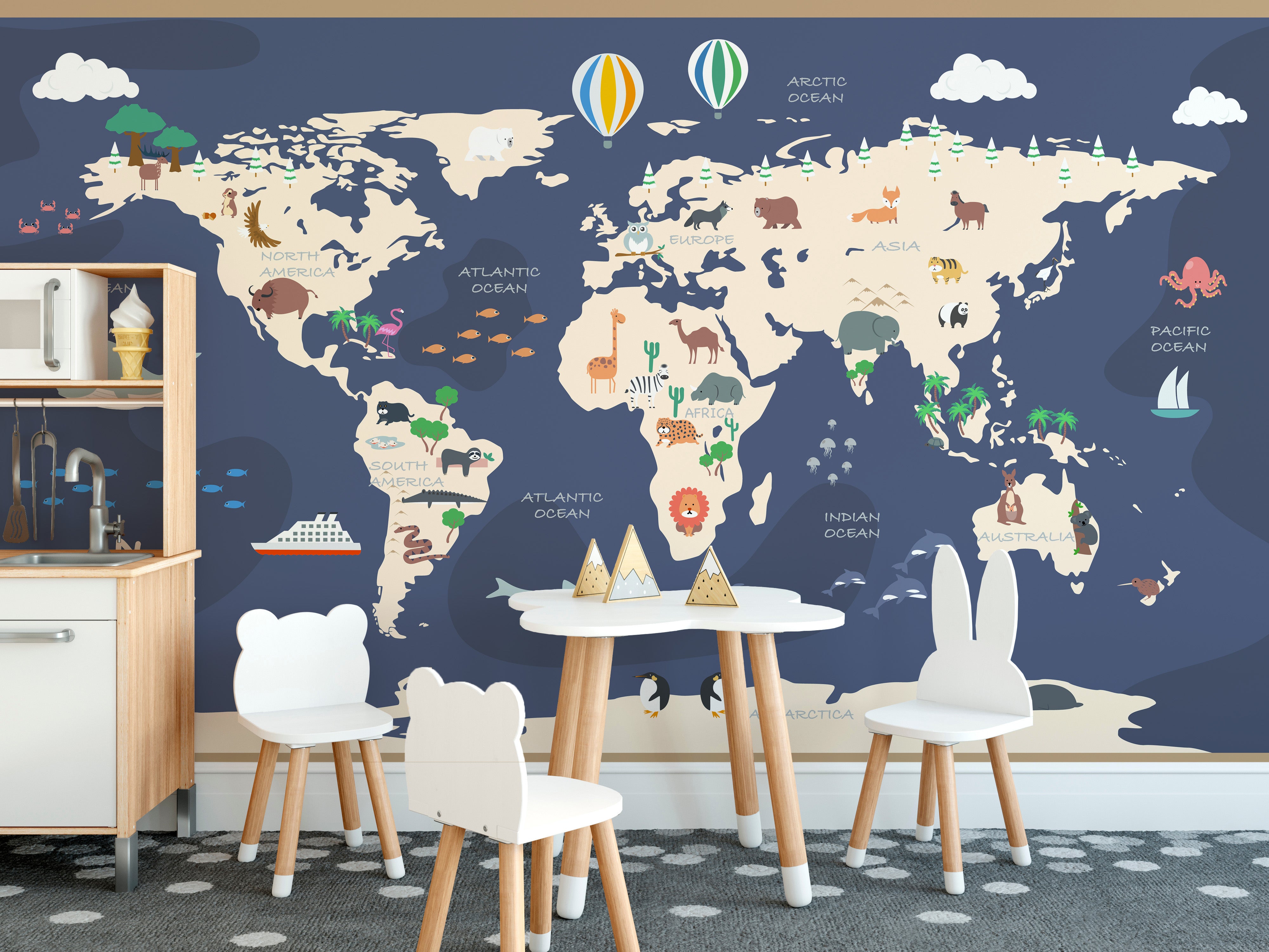 Animated atlas wallpaper mural for creative and lively wall spaces.
