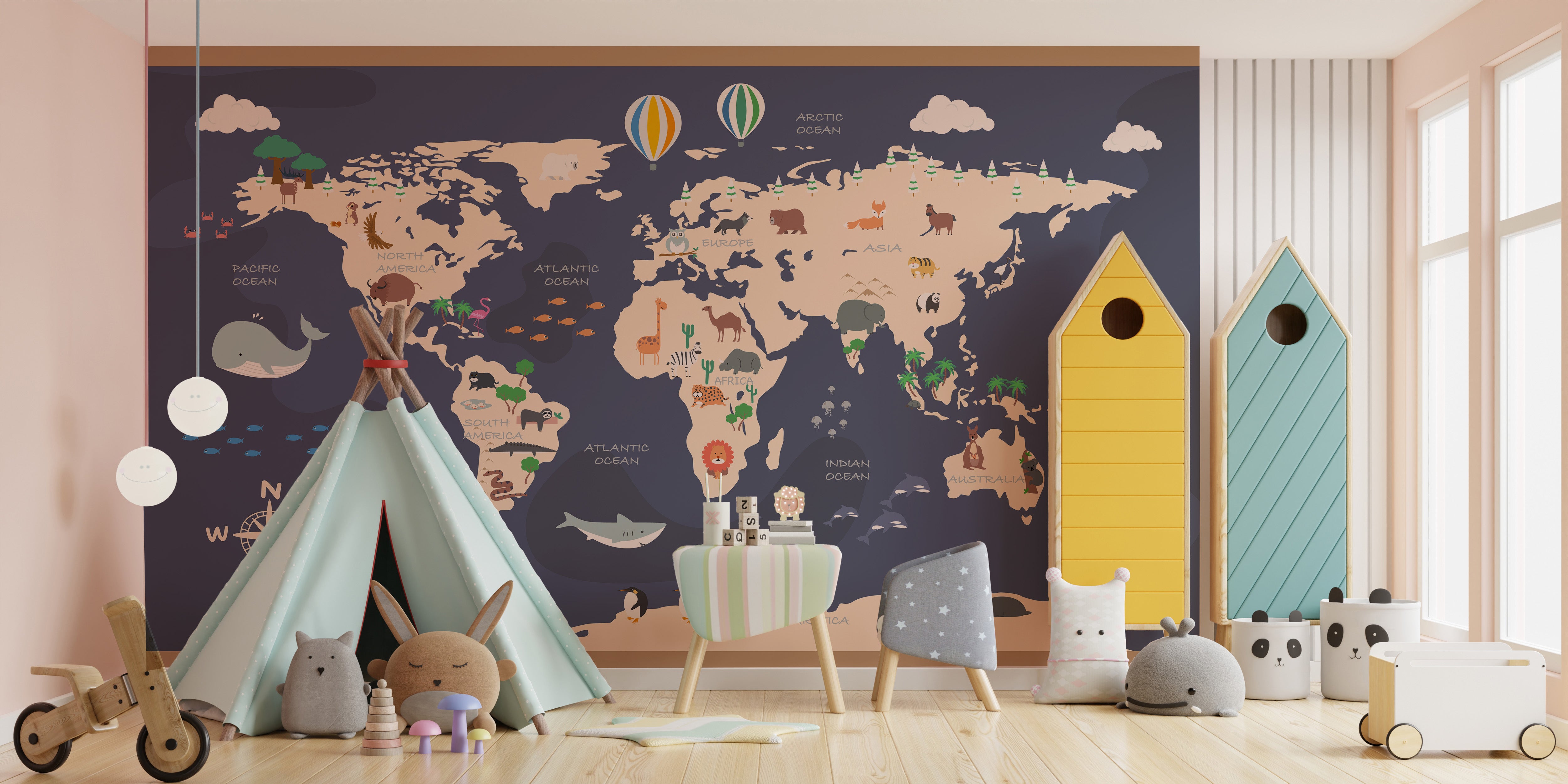 Vibrant atlas adventure mural for exciting and imaginative decor.
