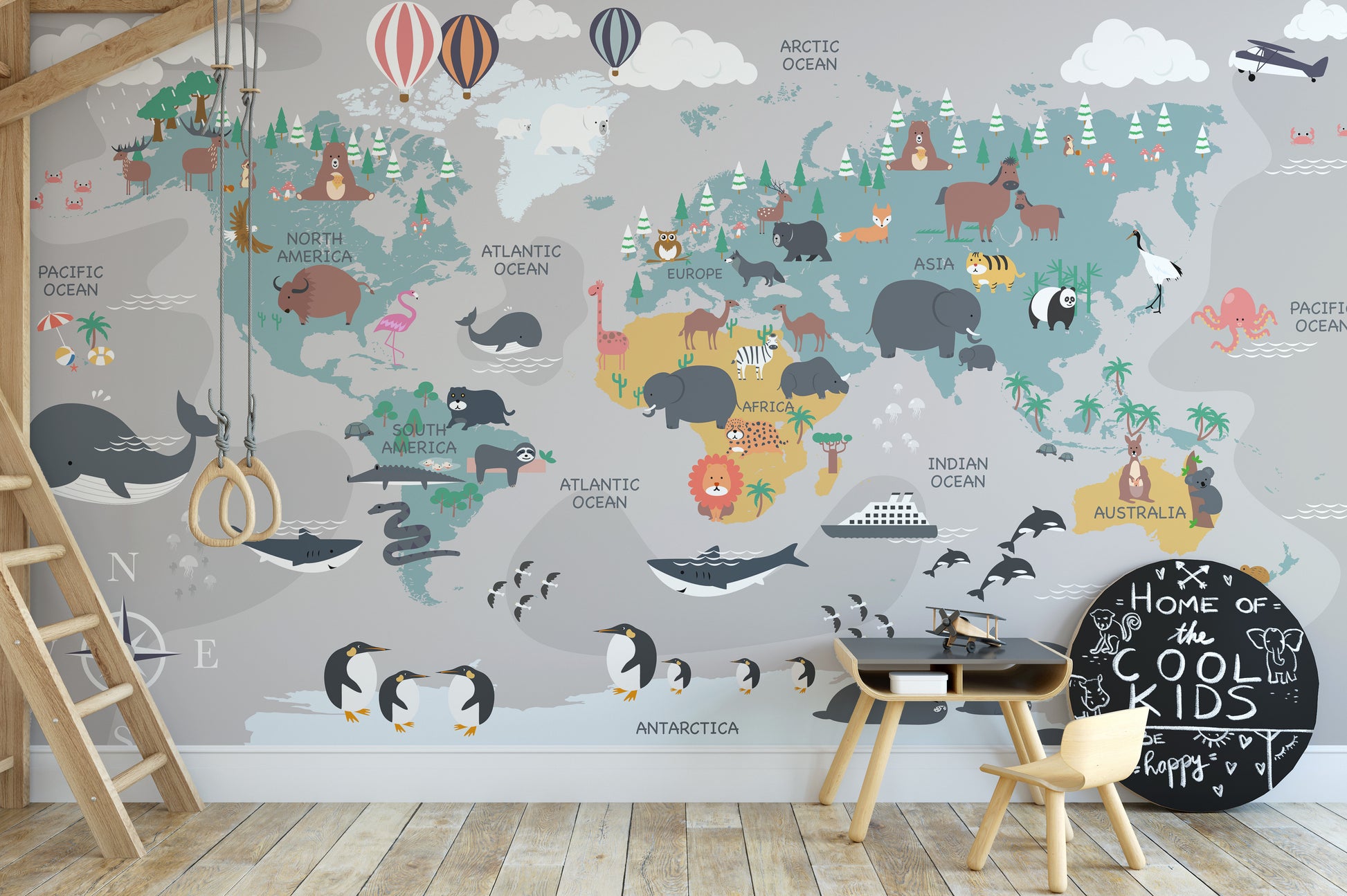 Artistic map mural featuring imaginary explorers for unique decor.
