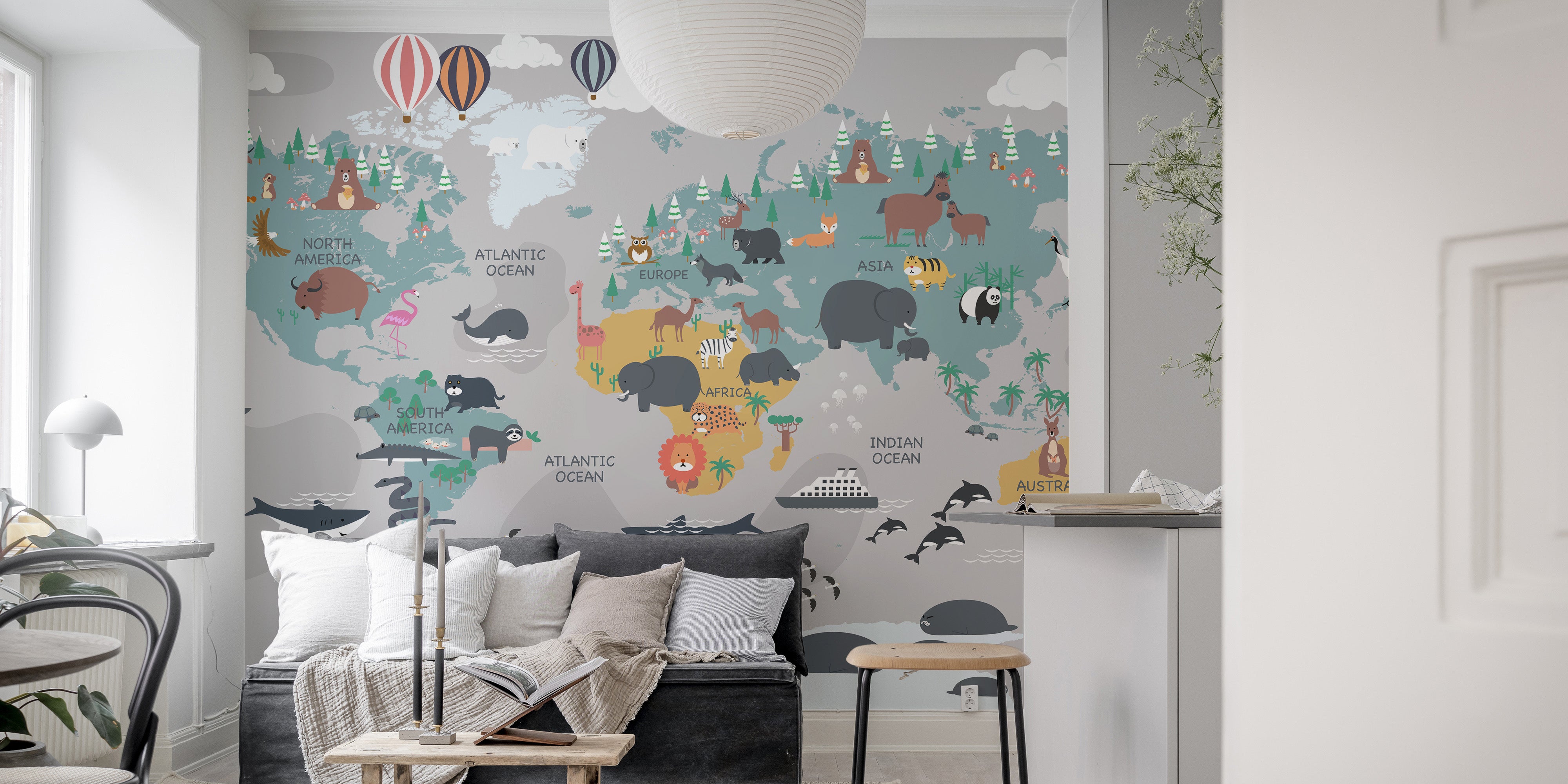 Explorer-themed mural blending adventure and imaginary maps.
