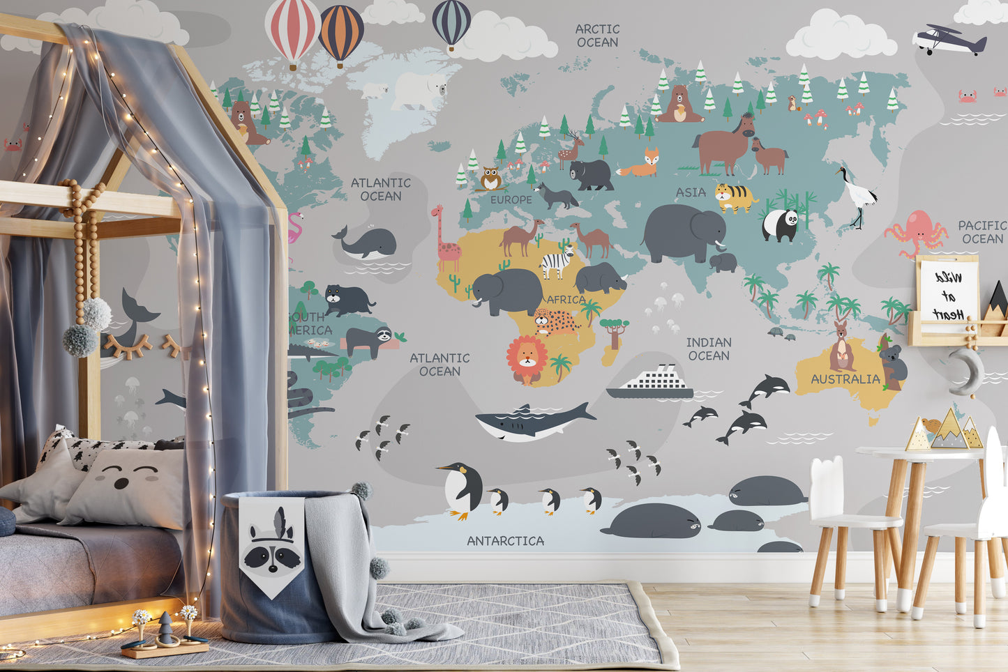 Vibrant imaginary map mural with explorer motifs for lively walls.
