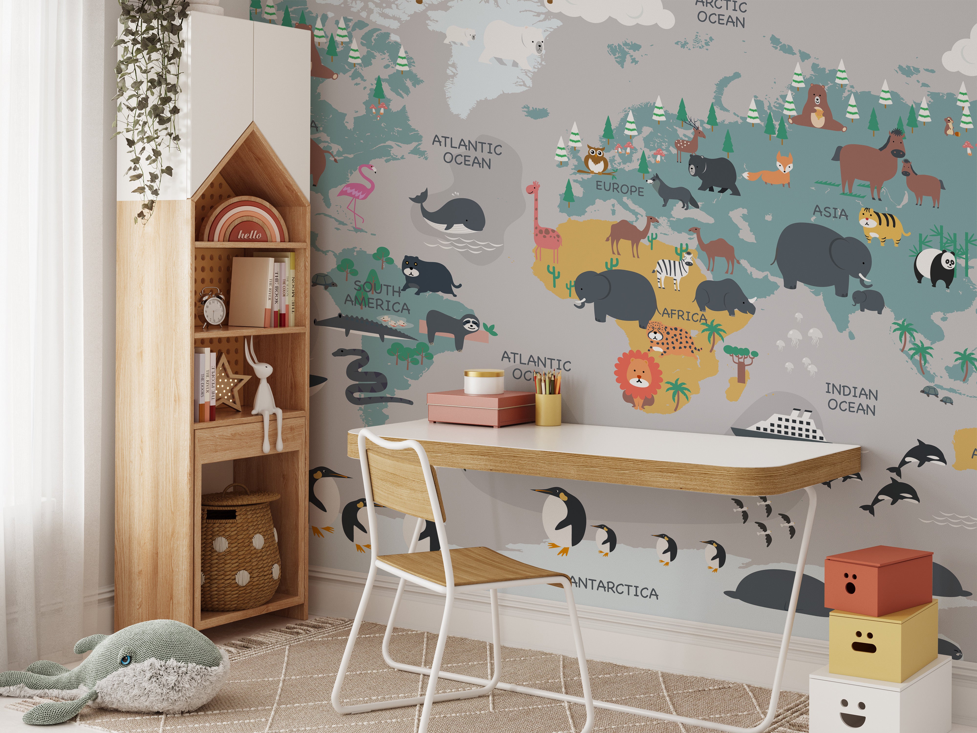 Wall mural showcasing imaginary maps and explorers for kids' rooms.
