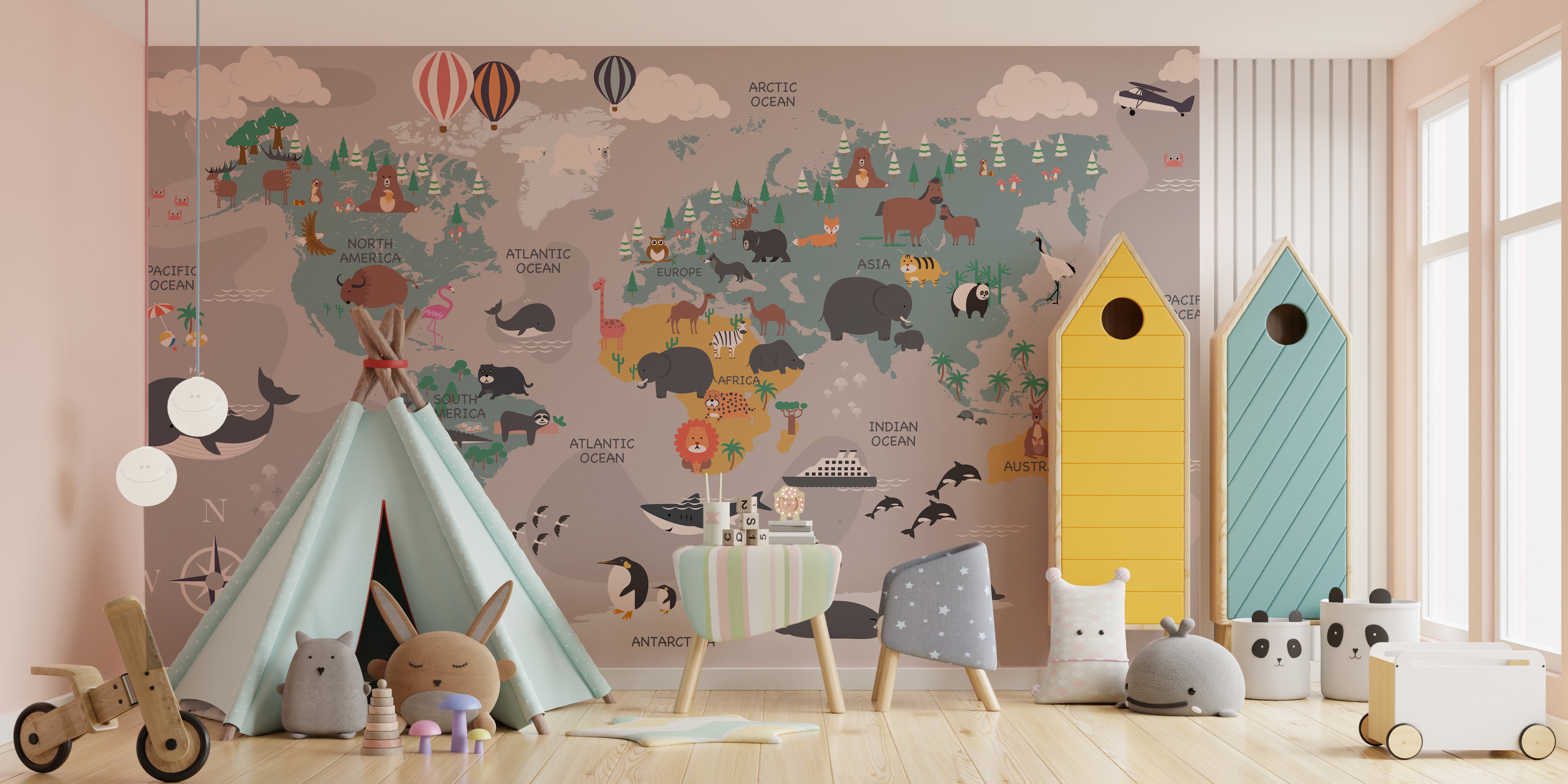 Imaginary map explorers mural for vibrant and playful wall spaces.
