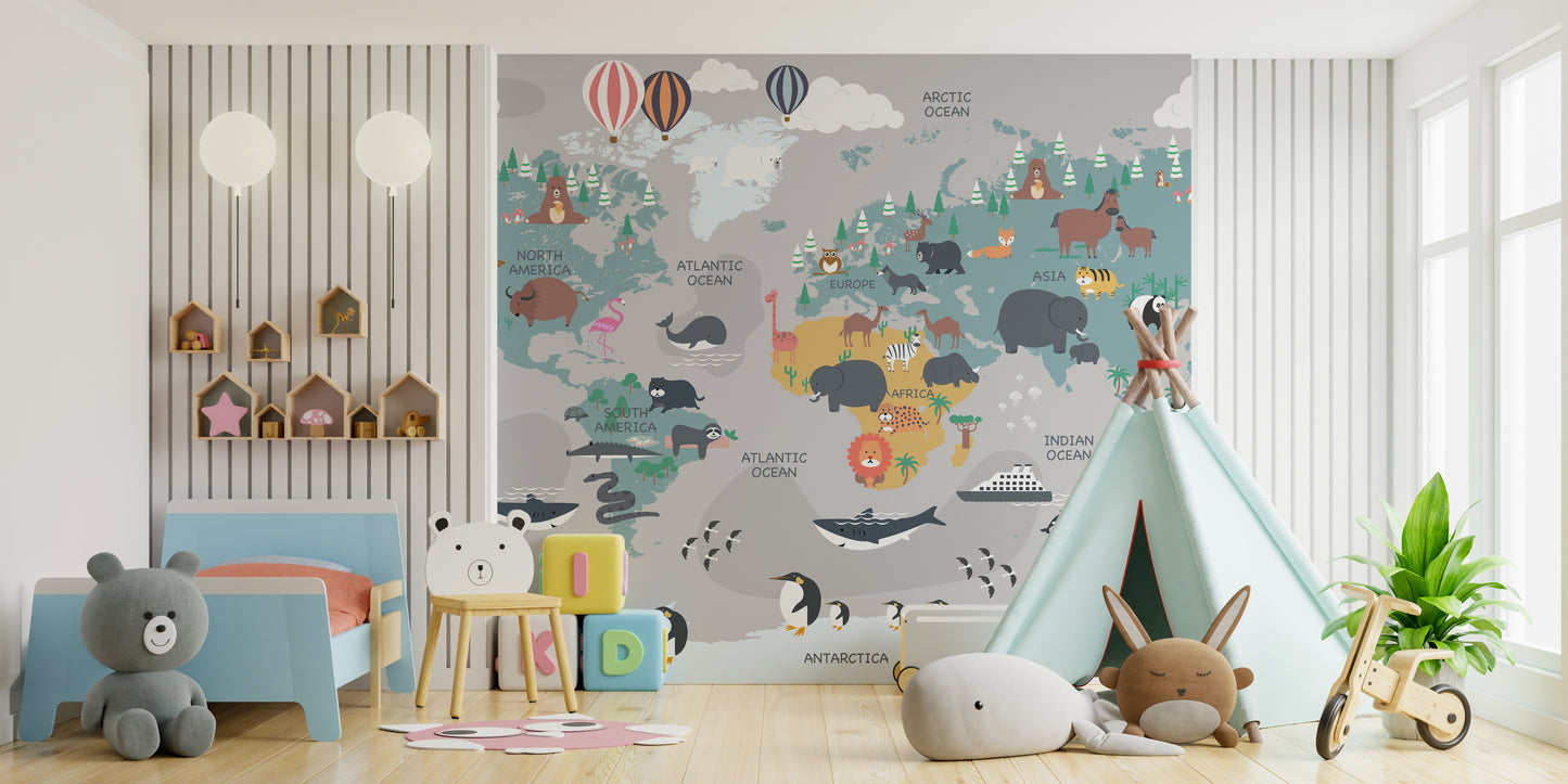 Explorer-themed mural with imaginary maps for creative interiors.
