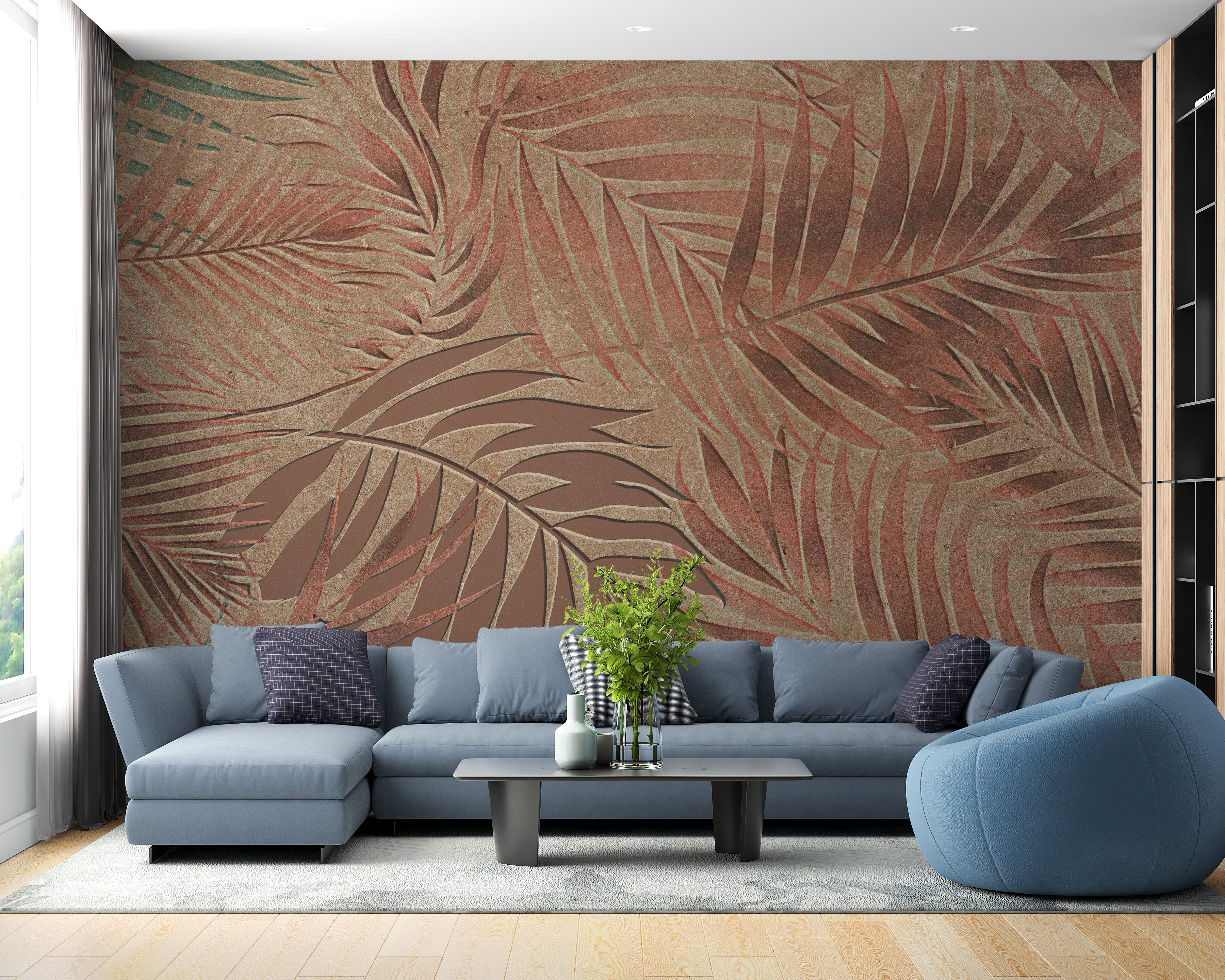 Wall mural featuring copper jungle hideaway and nature motifs.
