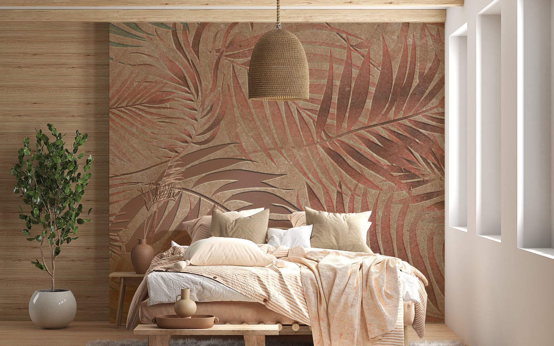 Lush copper jungle mural with elegant botanical motif details.
