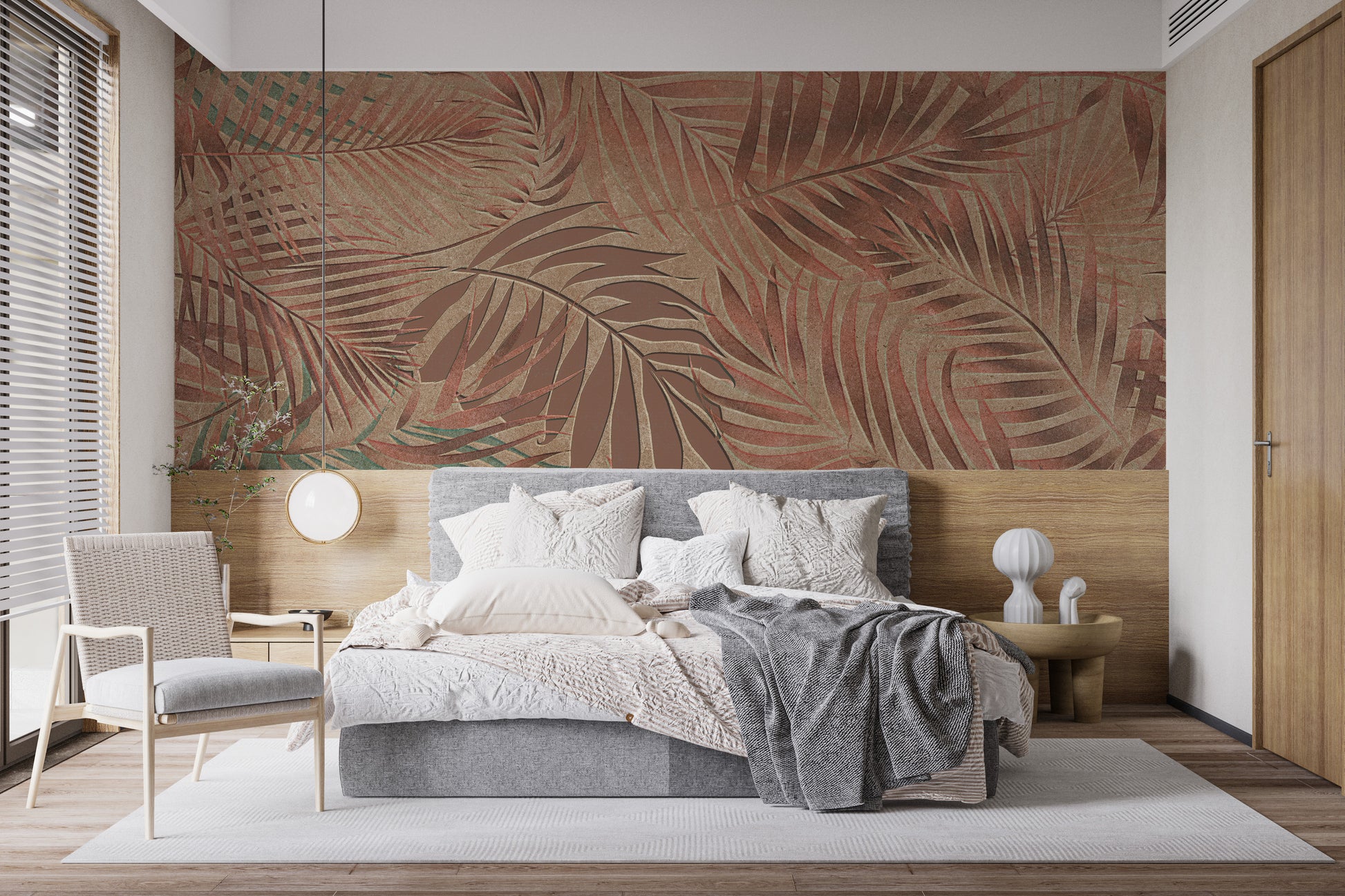 Copper-toned mural with jungle-inspired leafy motifs for walls.
