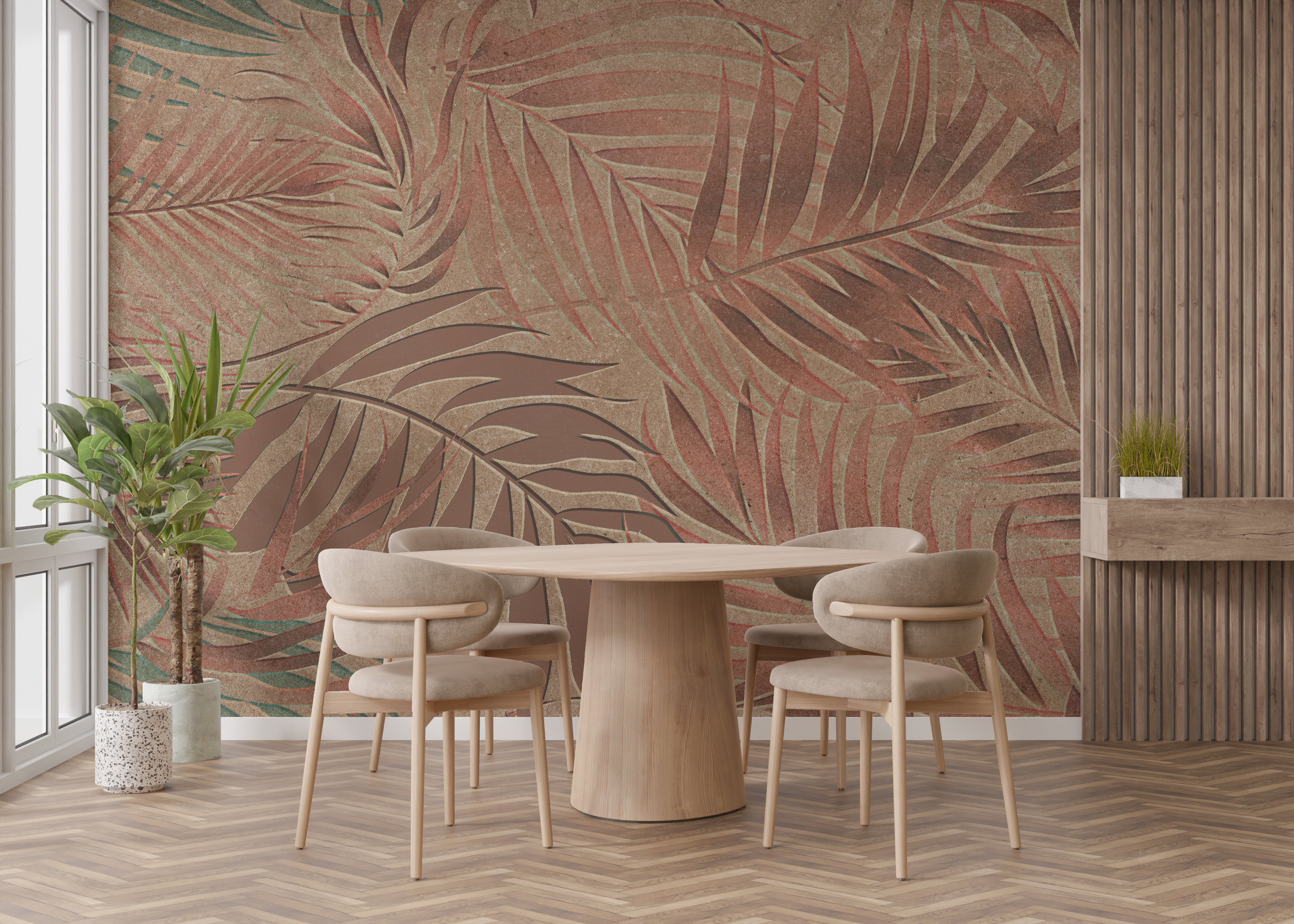 Jungle hideaway mural blending copper tones and tropical motifs.
