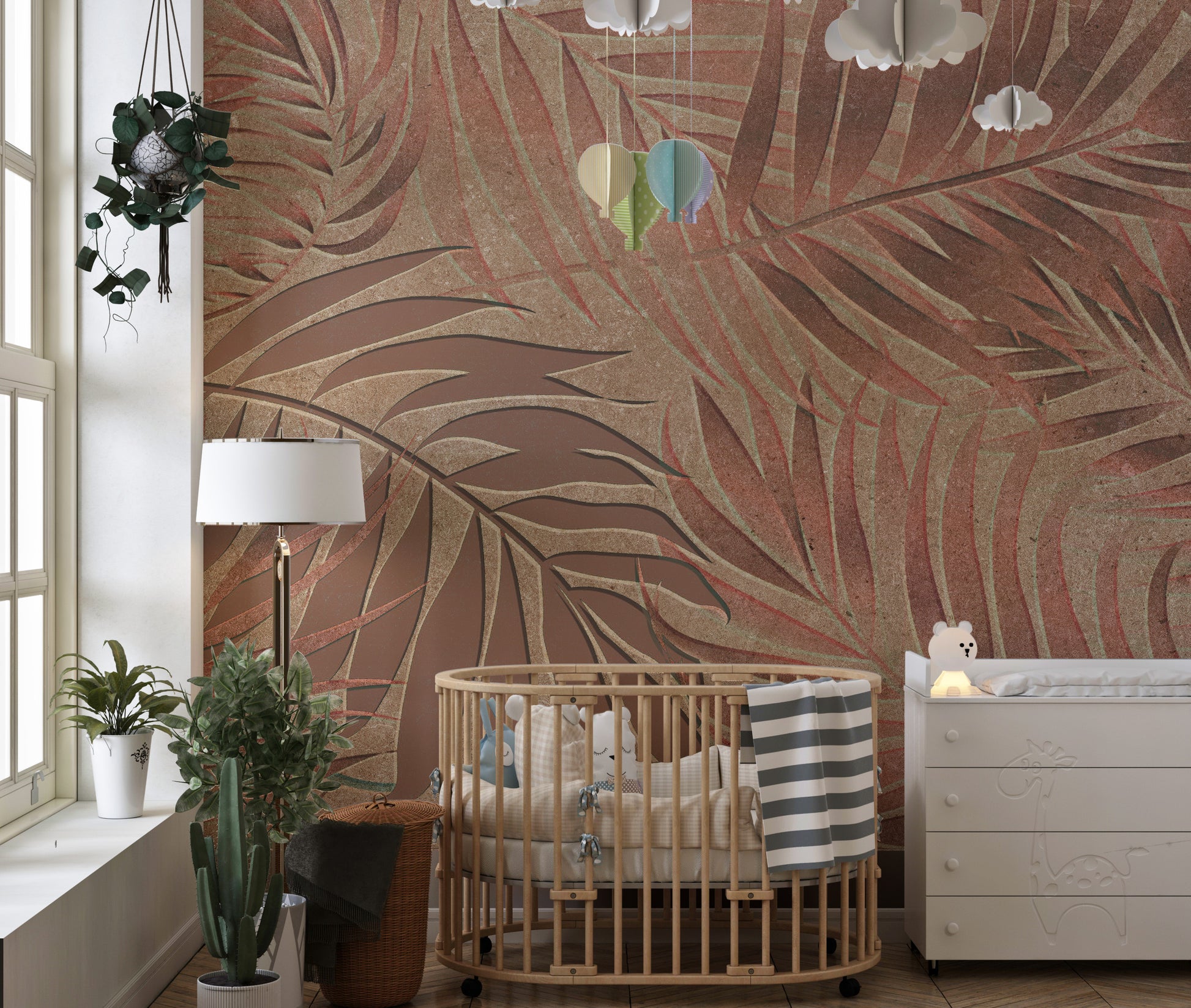 Artistic jungle mural with copper hues and botanical motifs.
