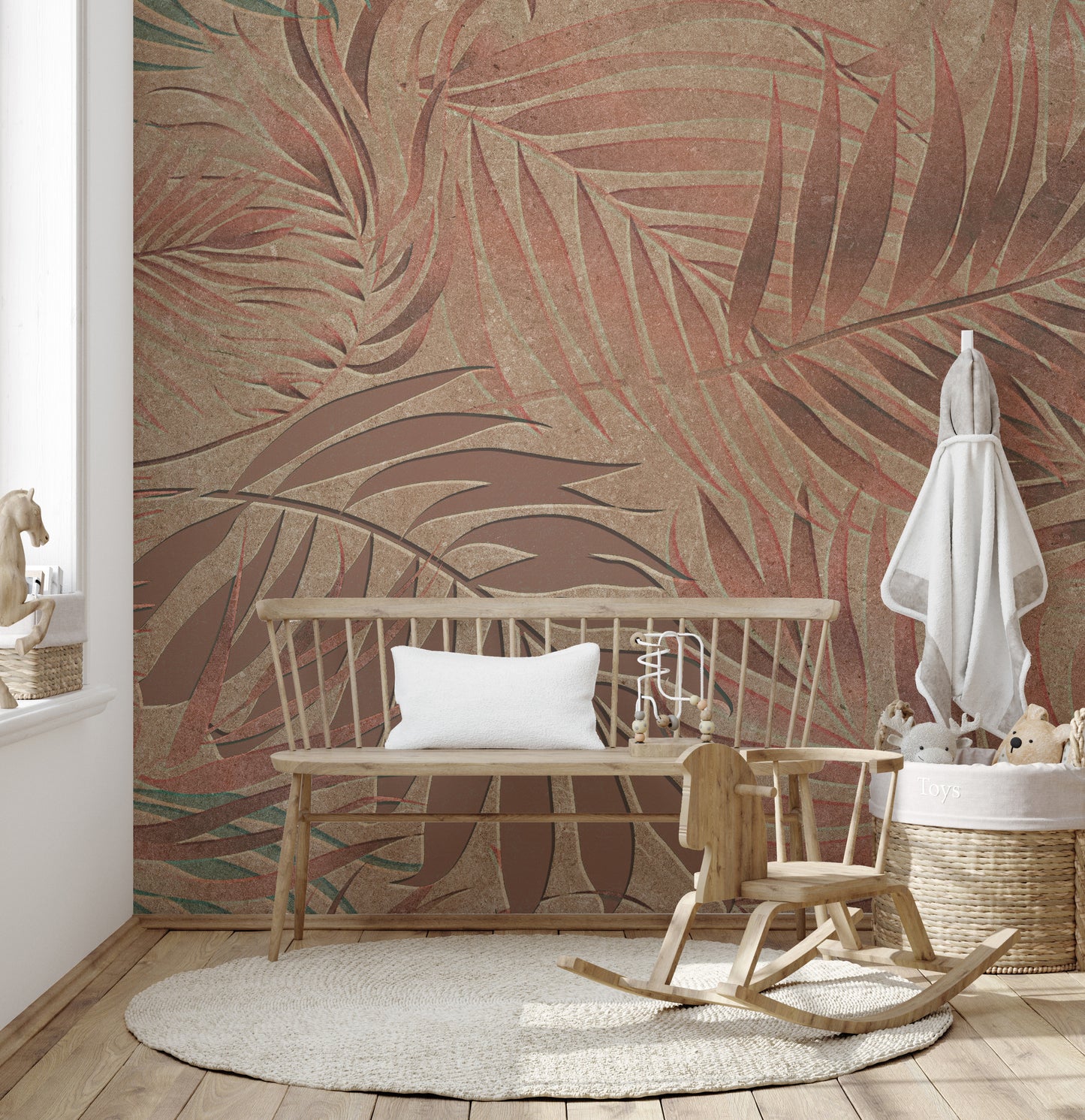 Copper jungle hideaway mural showcasing natural leafy motifs.
