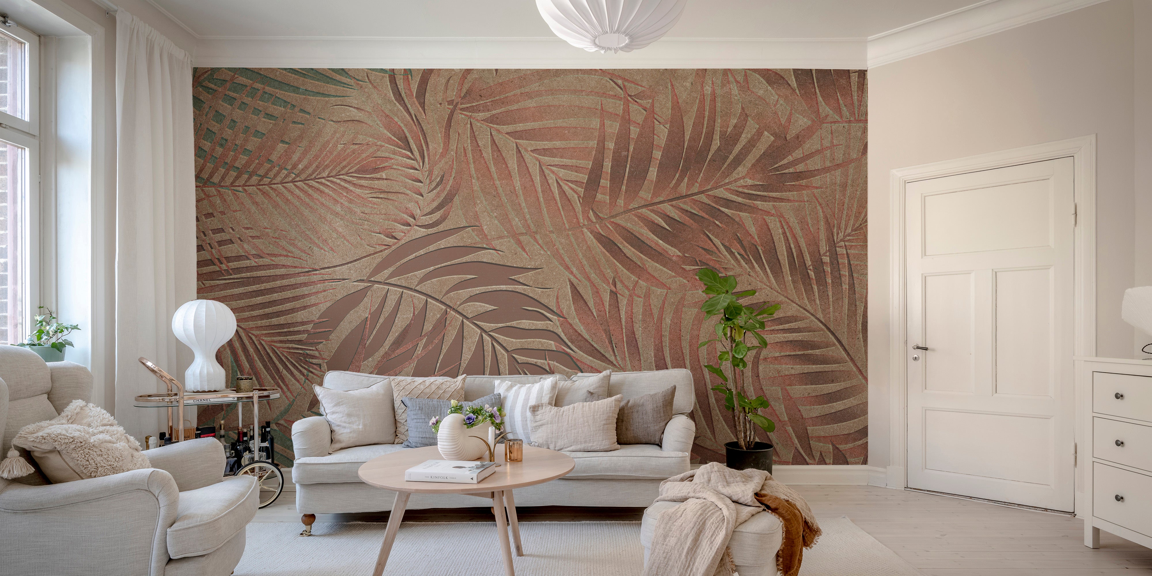 Jungle-themed wall mural featuring intricate copper motifs.
