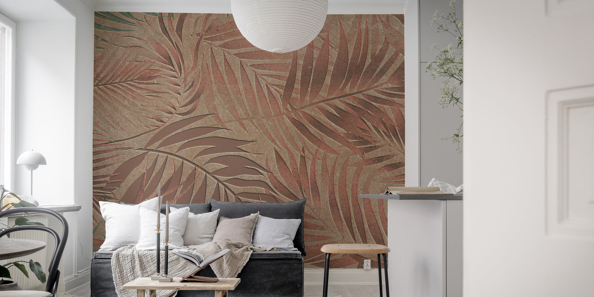 Copper jungle mural with lush botanical motifs for stylish decor.
