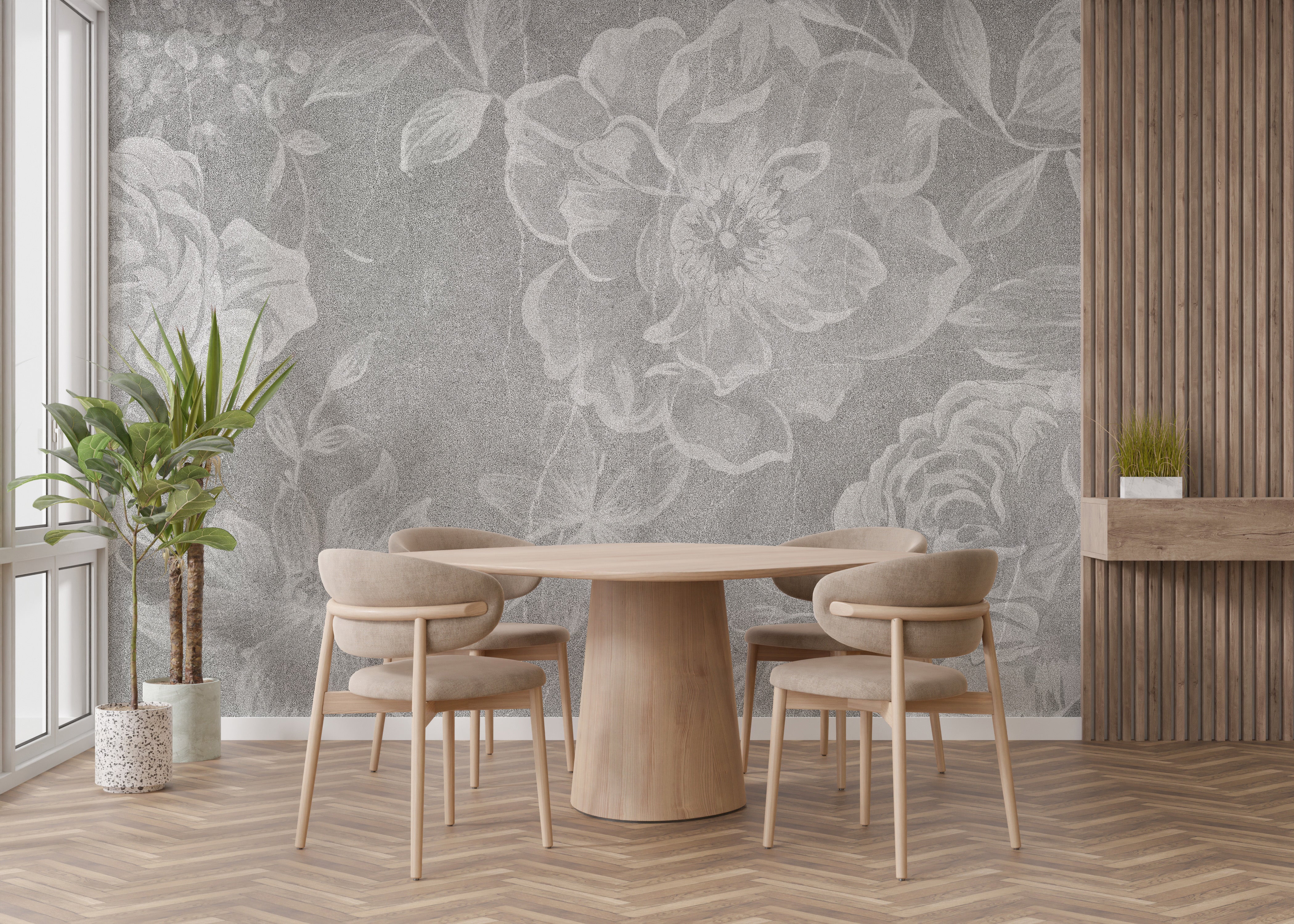 Faded white floral design mural for stylish ambiance
