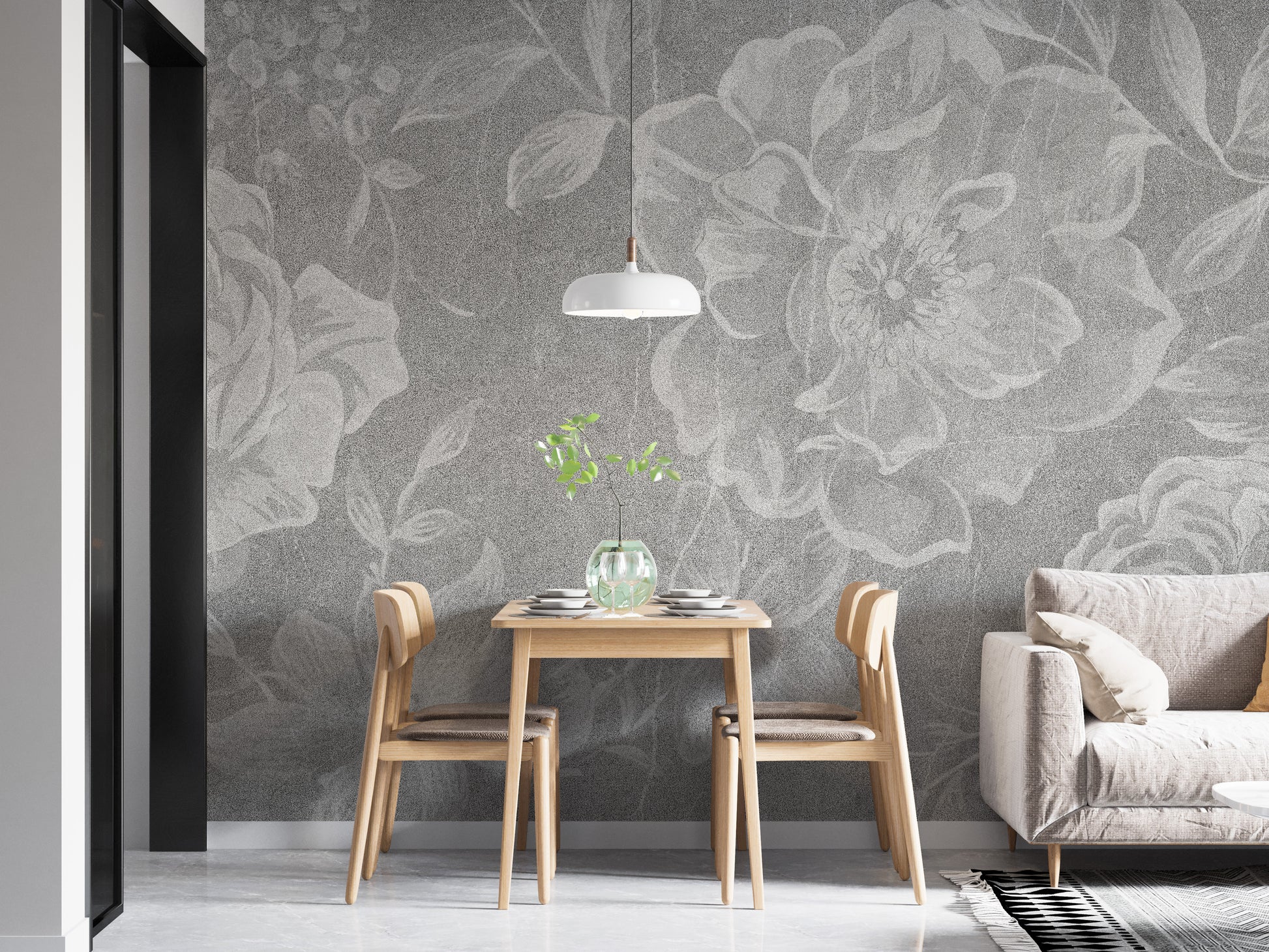 Tranquil white floral mural for calming interiors
