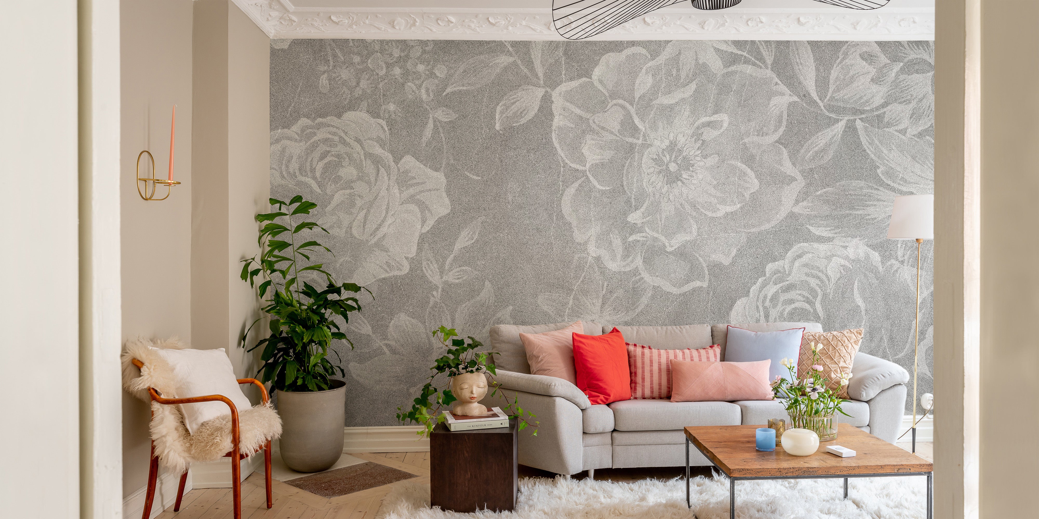 Elegant faded white floral mural for serene walls
