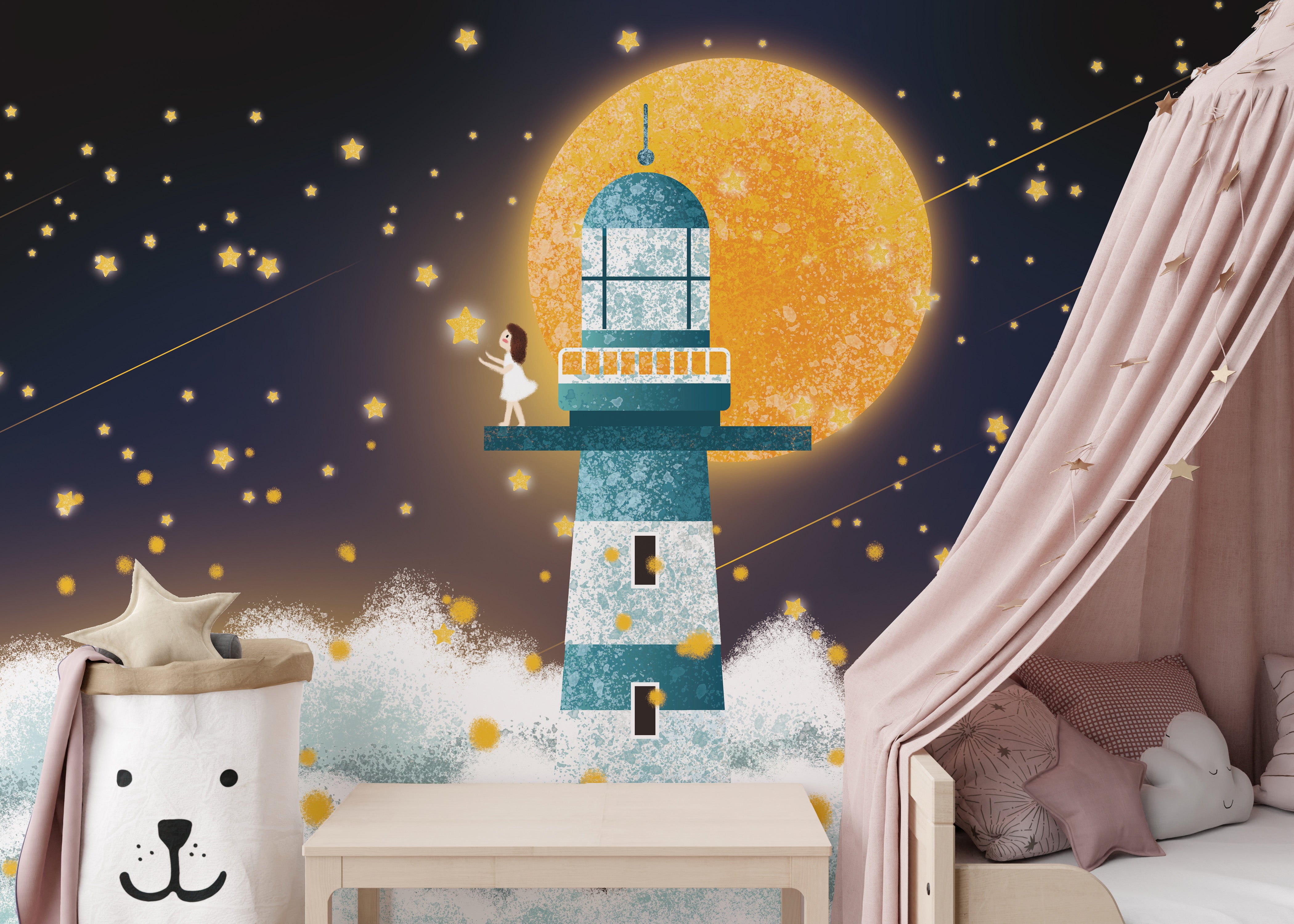 Peaceful moonlit wall mural for chic ambiance
