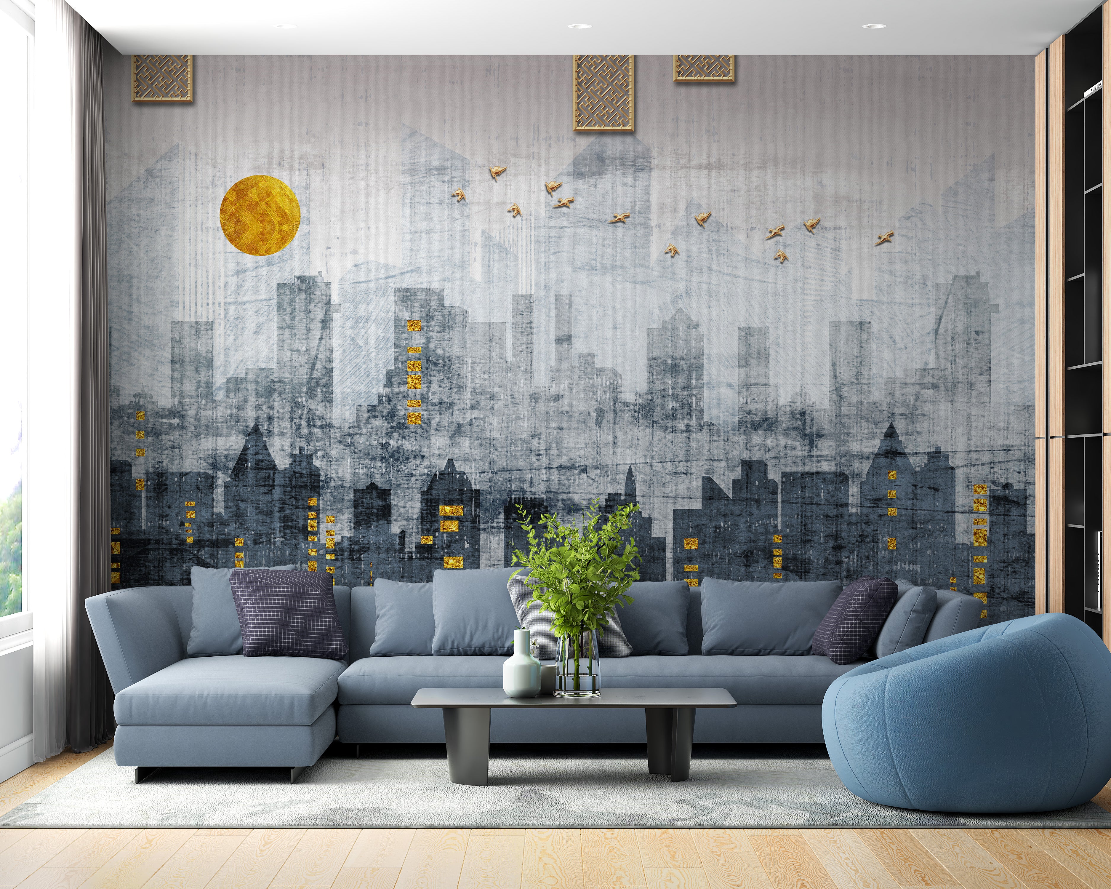 Modern city reflections mural for sleek wall design
