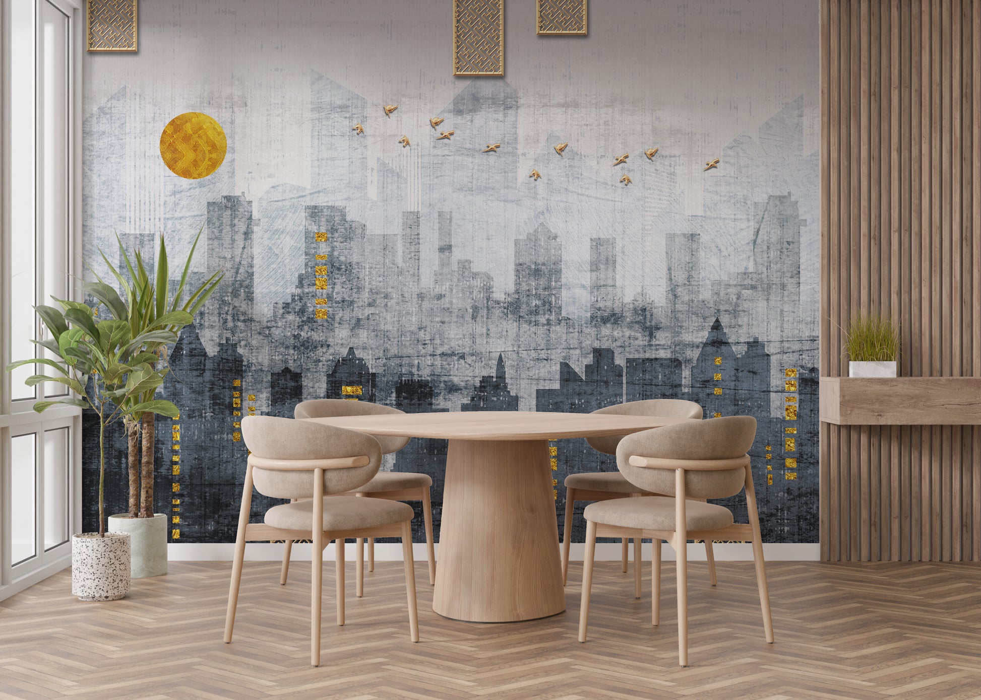 Cityscape reflections wallpaper for contemporary charm
