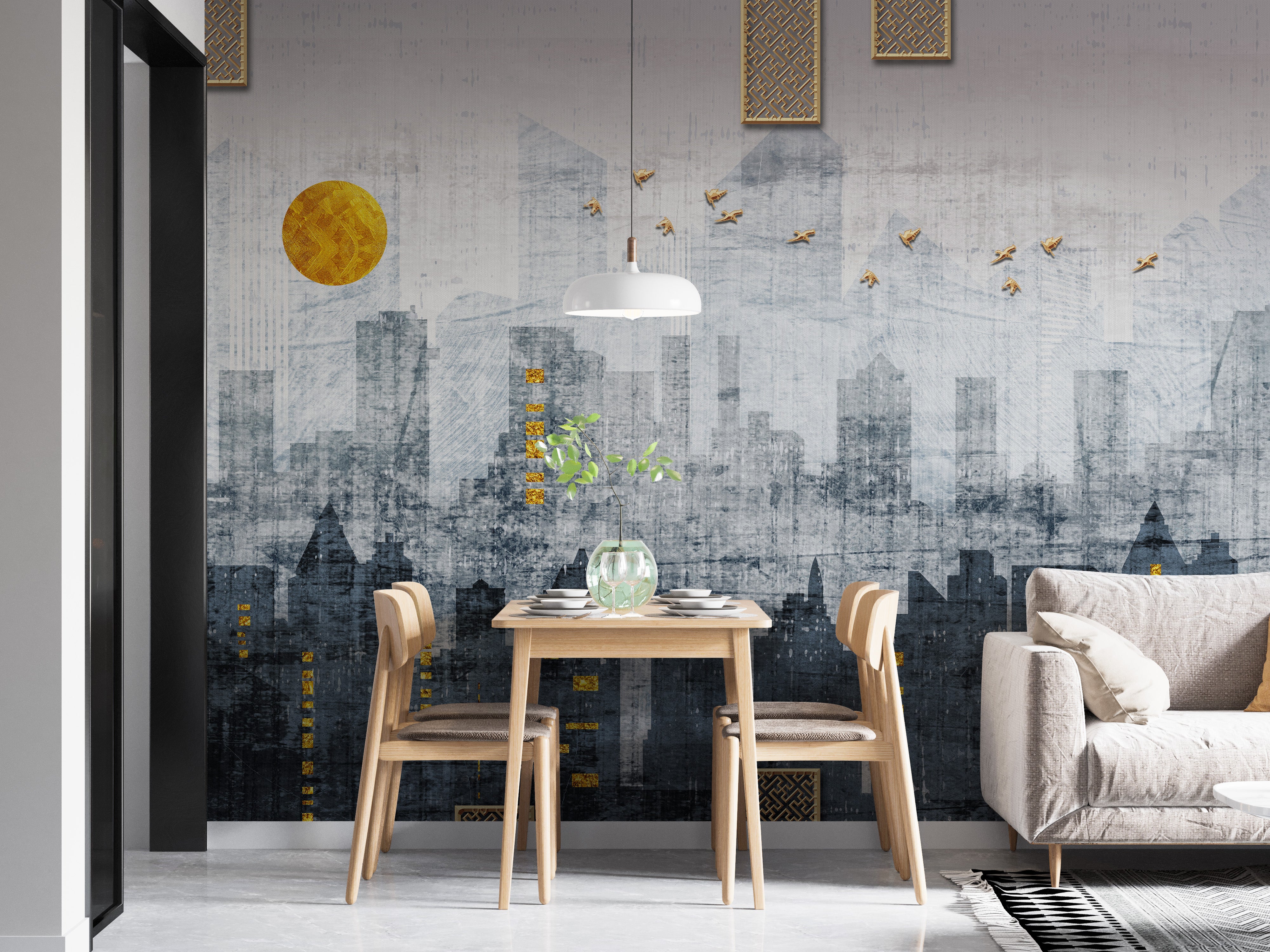 Artistic city reflections mural for refined decor
