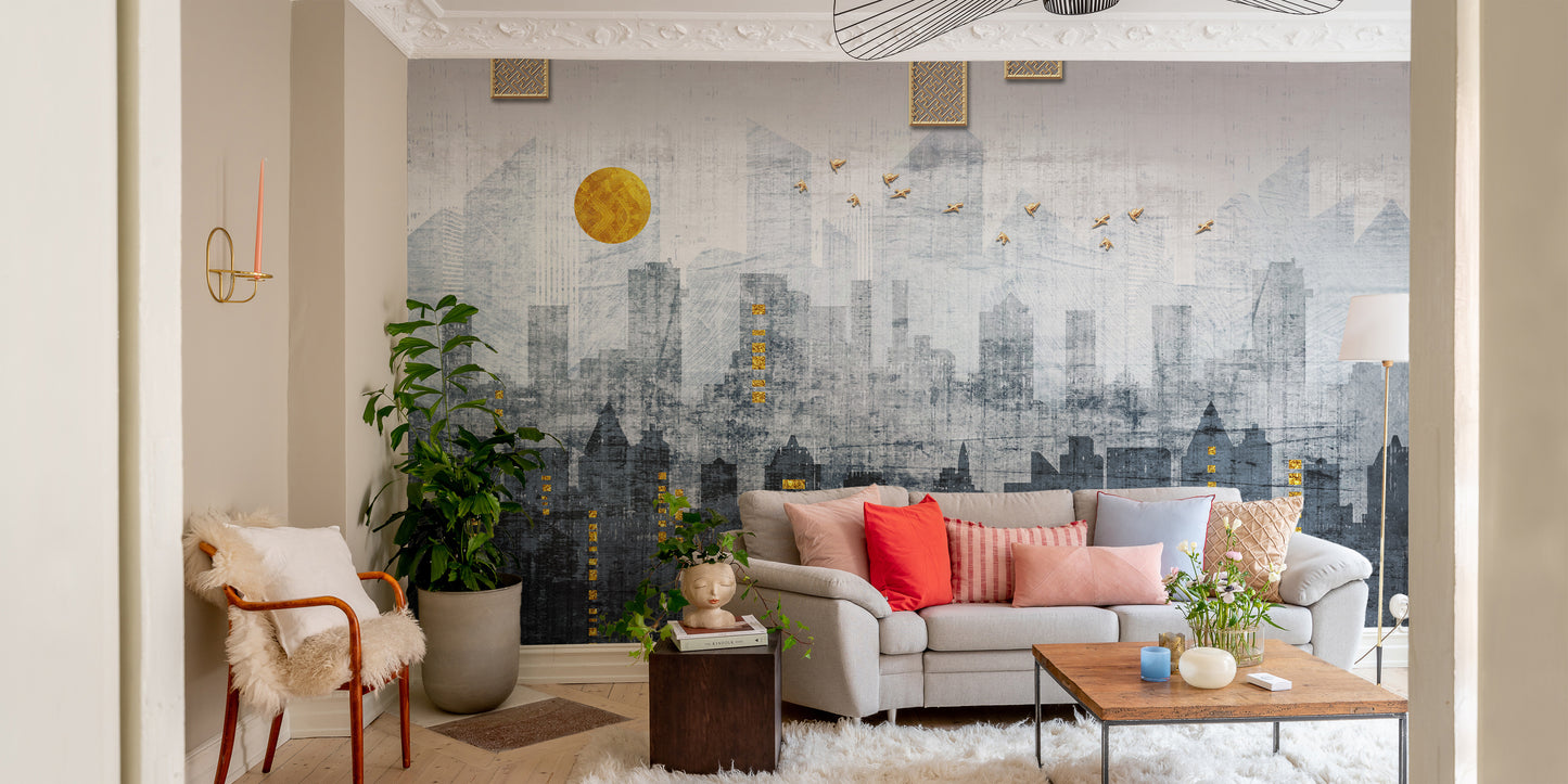 Captivating city reflections mural for chic walls
