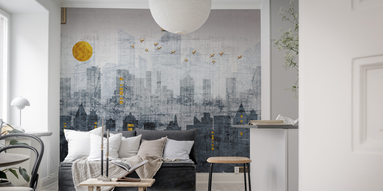 Elegant city reflections mural for modern interiors
