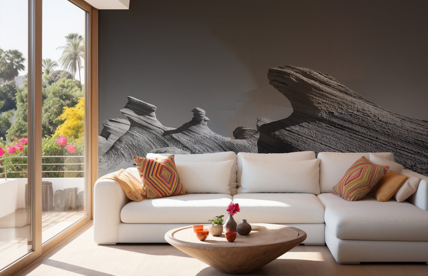 Emirates rock mural creating a bold and majestic wall design.
