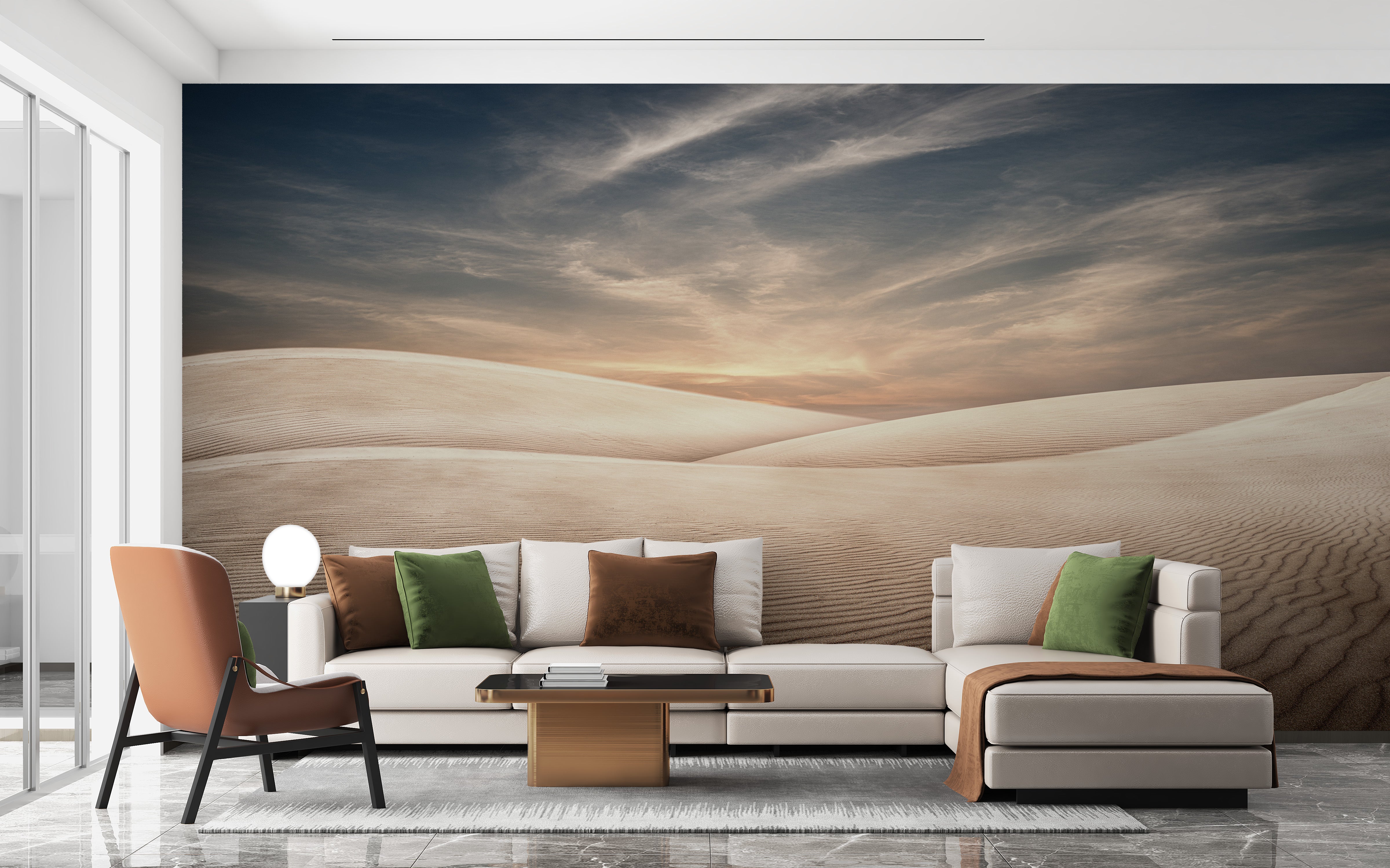 Mesmerizing dune mural featuring soft, flowing desert scenes.
