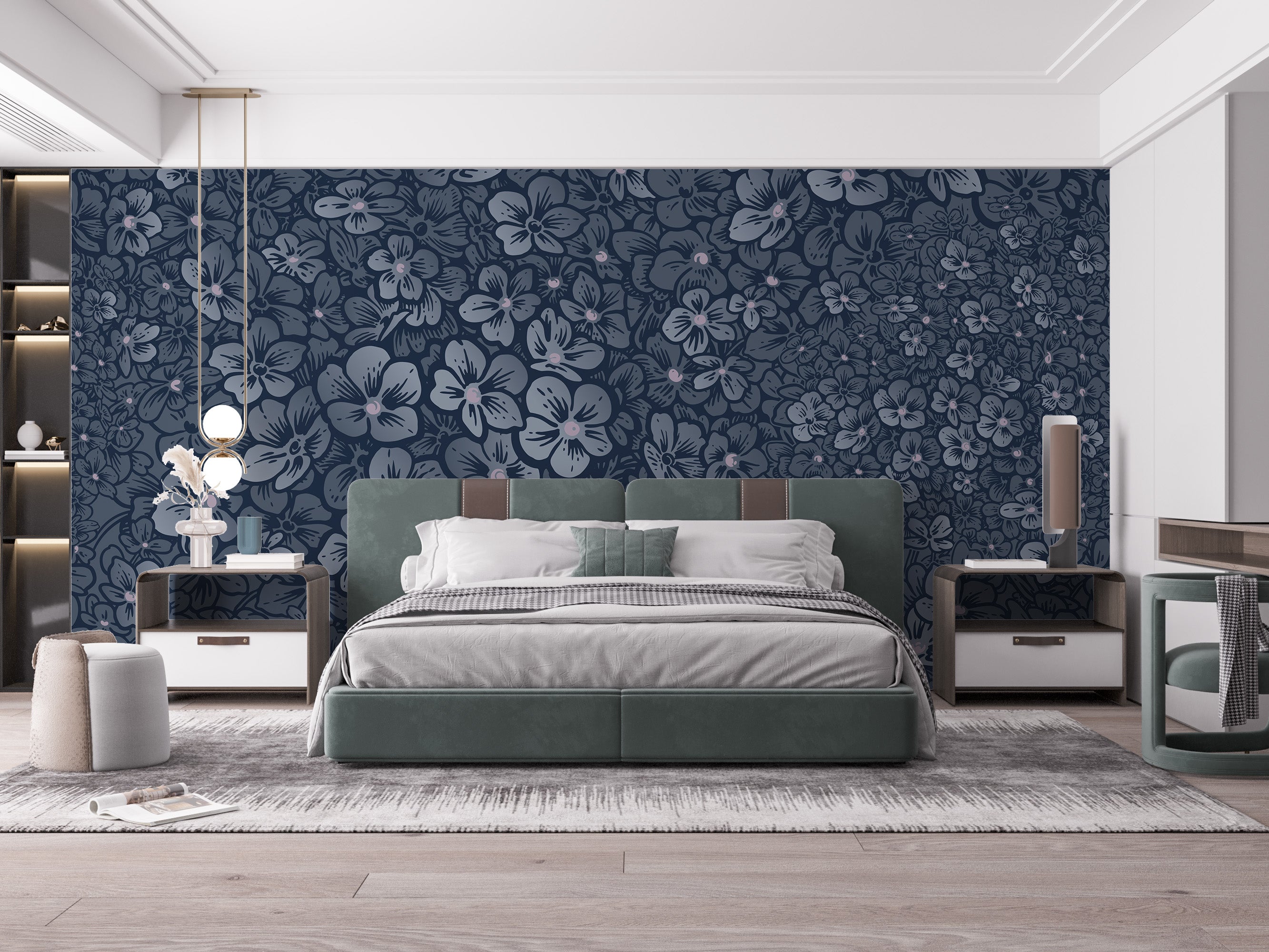 Elegant royal navy floral mural for sophisticated wall decor.
