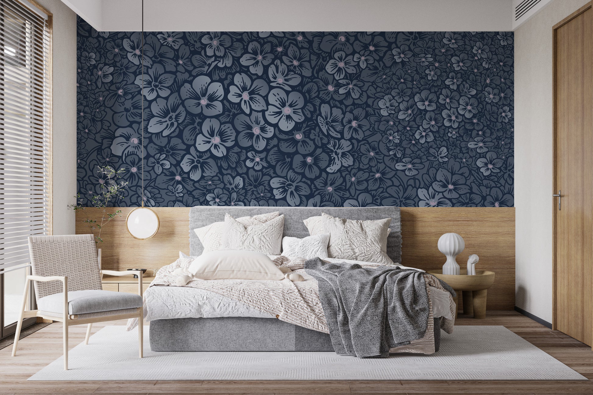 Regal navy floral mural for stylish and elegant wall design.



