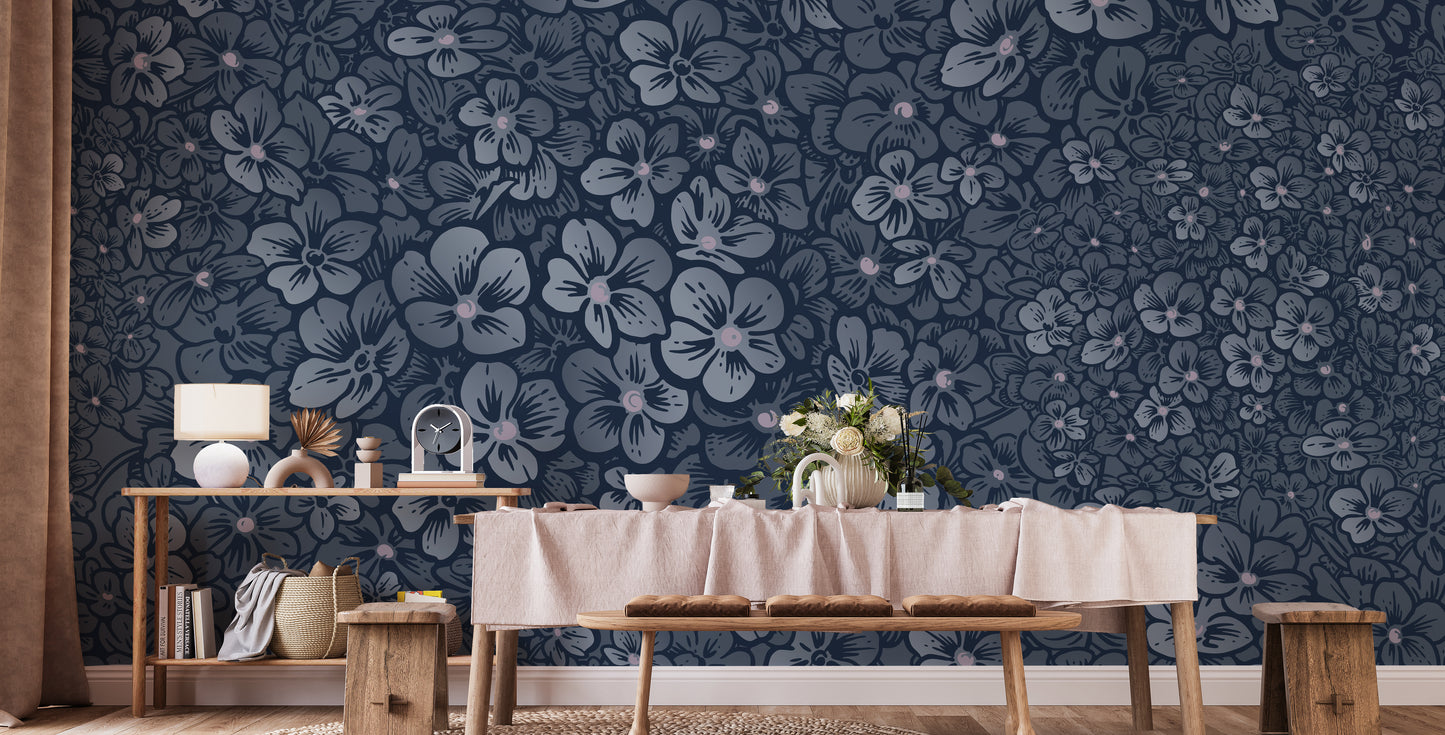 Floral mural with rich royal navy tones for refined interiors.
