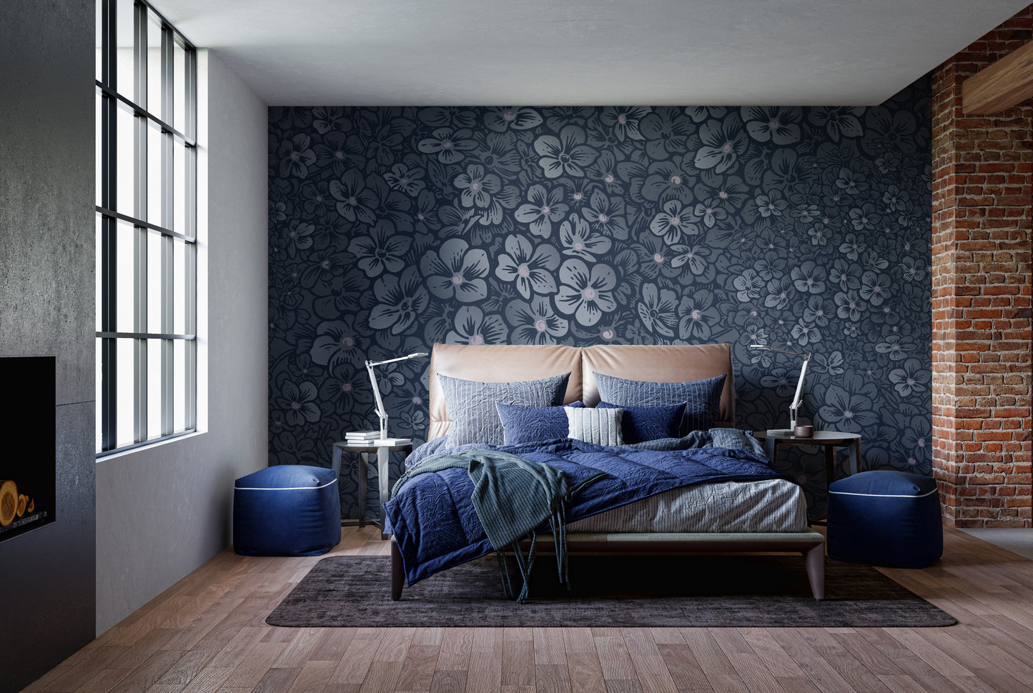 Luxurious navy mural with regal floral patterns for interiors.
