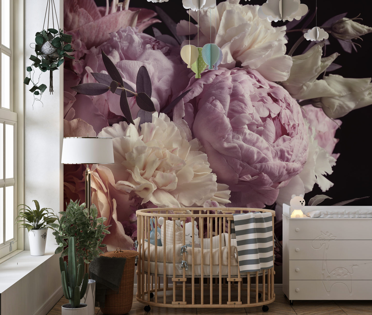 Sophisticated floral mural inspired by a midnight garden romance.
