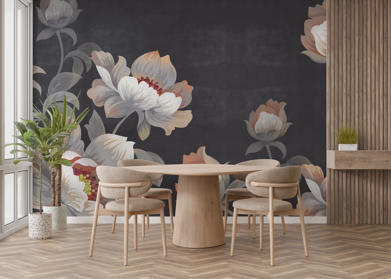 Elegant gray flower oasis mural for serene wall decor.
