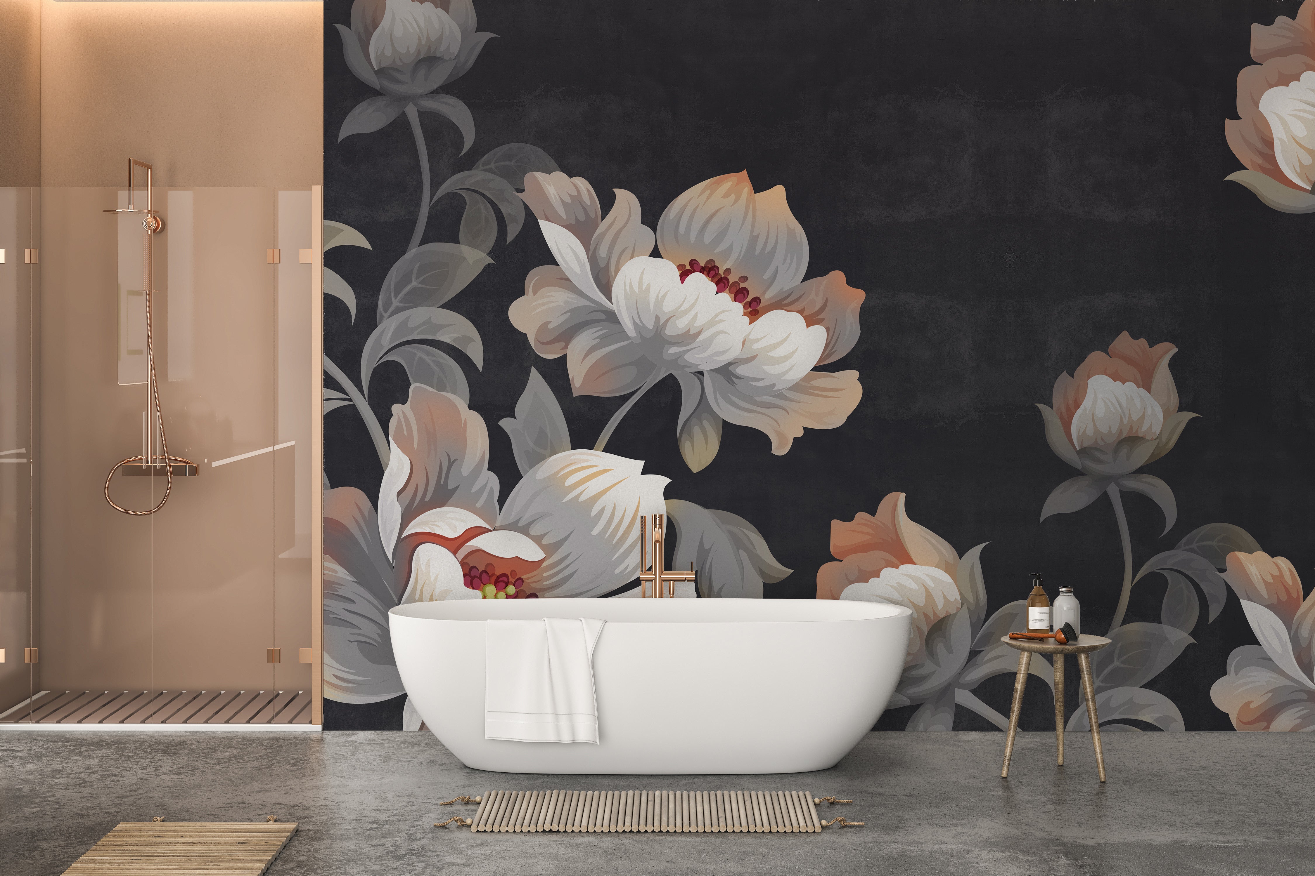 Sophisticated wall mural featuring a gray flower oasis theme.