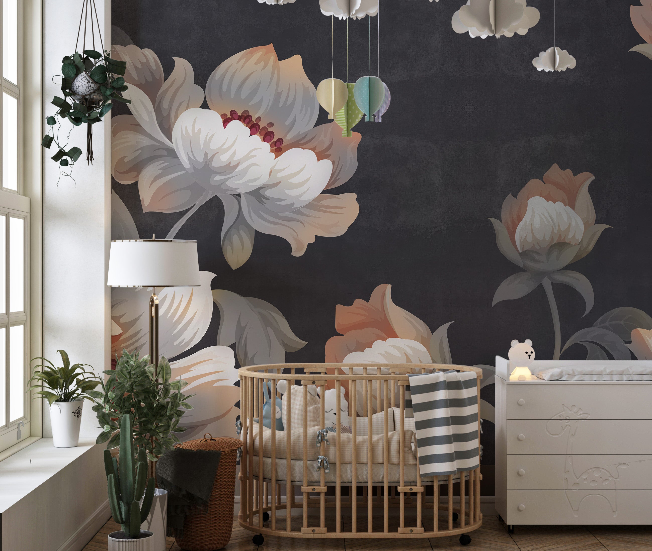 Gray flower oasis mural for a refined and calming wall feature.
