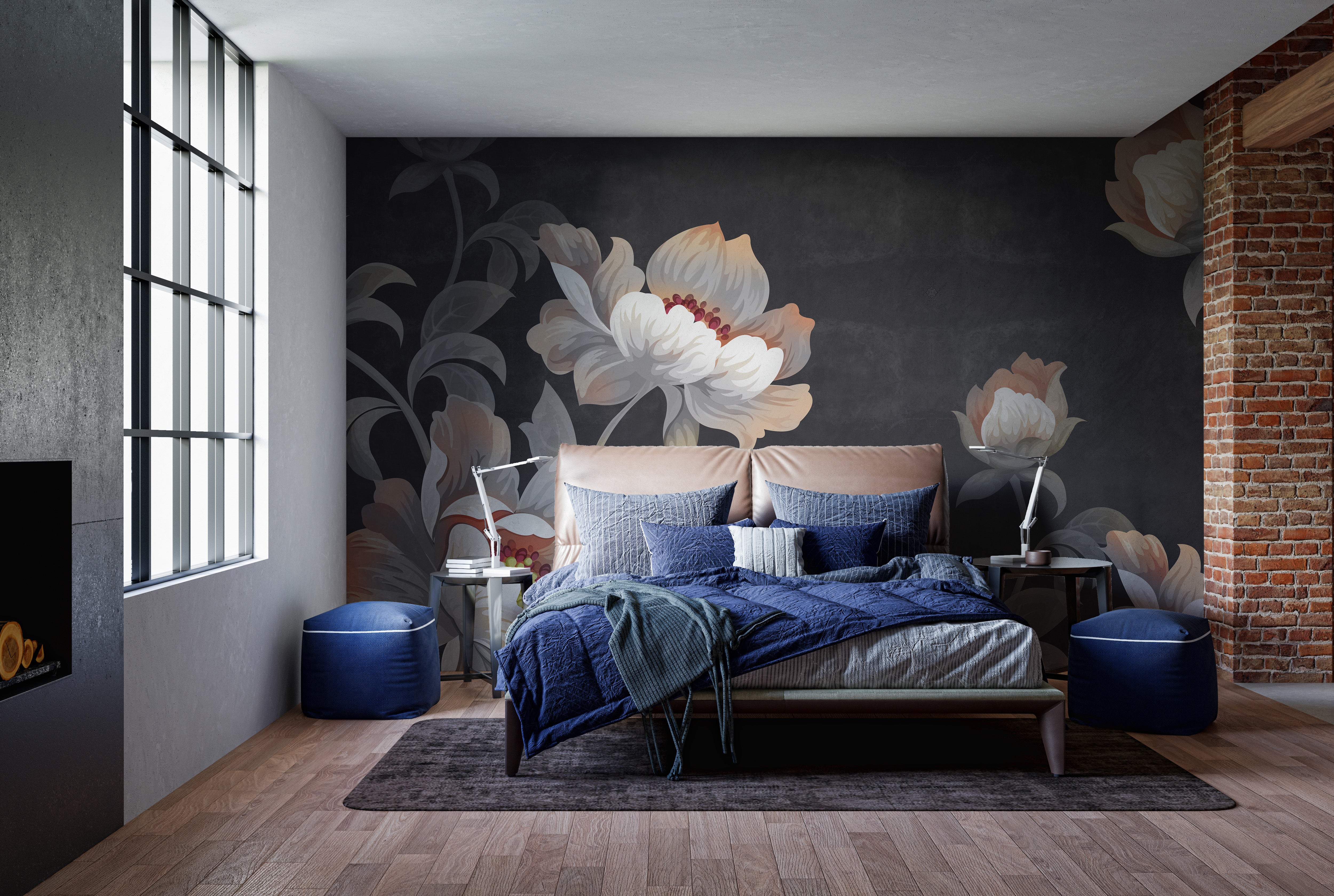 Serene gray flower mural adding charm to minimalist spaces.
